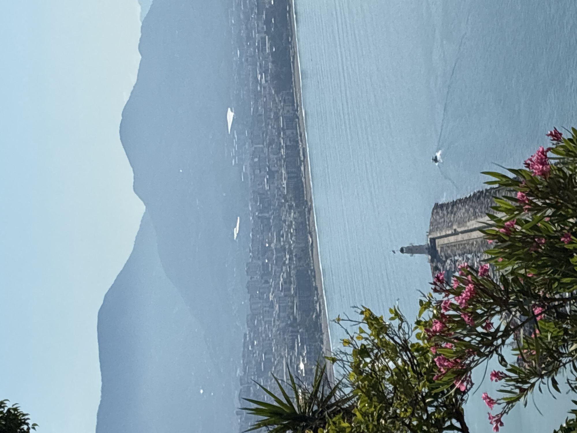 The image captures a panoramic view of Alanya, Turkey, looking out towards the Mediterranean Sea. In the foreground, lush green foliage and vibrant pink oleander flowers frame the scene. A tall, spiky plant, possibly a yucca, is also visible on the left.
Dominating the mid-ground is a stone pier leading to a lighthouse. The lighthouse, with its distinctive white structure and red-topped roof, stands tall at the end of the pier. A small boat with a wake trails behind it, moving across the calm, blue waters of the sea.
Beyond the pier and lighthouse, the city of Alanya sprawls along the coastline, a dense collection of buildings with various architectural styles. The city extends inland towards a series of hazy, blue mountains that form the backdrop of the image. The sky above is a clear, pale blue, suggesting a bright and sunny day.