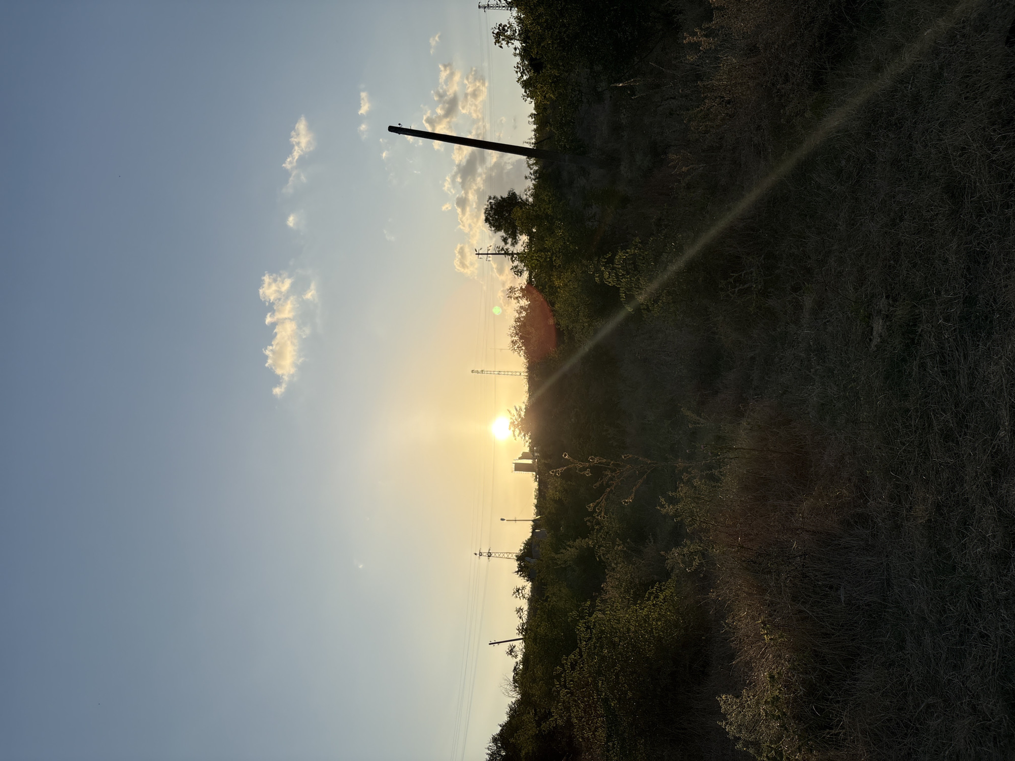 This is a wide-angle, full shot photograph taken at dusk in the city of Tankovo, Bulgaria. The scene depicts a field of dry grass and shrubs, with several utility poles visible in the background. The sun is setting on the horizon, casting a warm glow across the sky and illuminating the clouds. A prominent power line stretches across the frame, connecting two poles. The foreground is dominated by the dark, dry vegetation, with a path leading into the distance. The overall impression is one of a rural landscape bathed in the soft light of sunset.