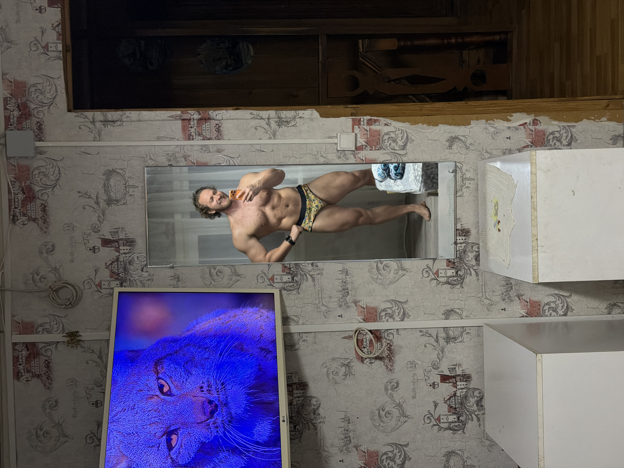 The image shows a man in his underwear taking a selfie in a mirror. The location is likely in a residential interior in Koshelevichi, Russia, given the presence of Russian text in the wallpaper pattern. The man is fair-skinned with a muscular build, brown hair, and a beard. He is holding an orange smartphone in his right hand, presumably to take the picture. He is wearing a watch on his left wrist and patterned underwear.
The background includes patterned wallpaper, a cupboard or storage unit to the right of the mirror, a television screen displaying a close-up image of a blue-hued cat, and a dark, partially obscured area above the mirror, possibly indicating a shelf or another storage compartment. A white cable or cord is visible running along the wallpaper. The overall environment suggests a domestic space, possibly a bedroom or living room.