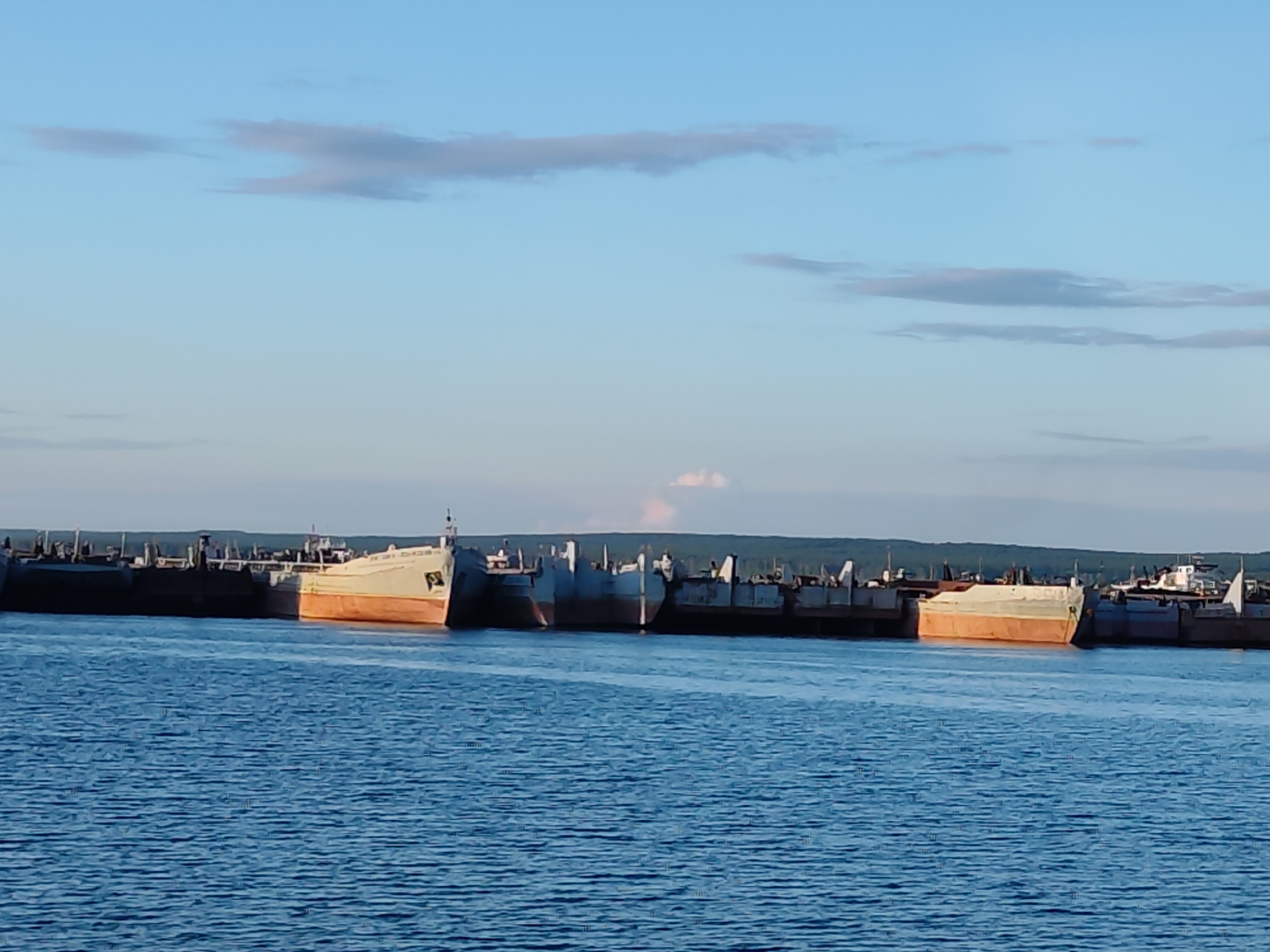 This image captures a serene, industrial scene featuring several large vessels docked or moored along a distant shoreline under a clear sky. The setting is a calm body of water, likely a river or reservoir given the location context of Chaikovsky, Russia (which is on the Kama River/Votkinsk Reservoir).
The foreground and midground are dominated by the deep blue, gently rippling water, reflecting the soft light from above. Along the horizon, a line of numerous large, flat-bottomed vessels, possibly barges or cargo ships, are clustered together. Their dark, weathered hulls suggest an industrial purpose. One vessel, prominent towards the left-center, stands out with its light grey or off-white upper hull and a distinct orange-brown painted bottom, extending down to the waterline. Another vessel further to the right exhibits a similar color scheme. The boats appear to be stationary, either awaiting loading/unloading, maintenance, or storage. Behind the vessels, a subtle, dark green band indicates a distant landmass, likely covered with trees.
The sky above is a clear, soft blue with a gentle gradient, transitioning from a deeper blue at the top to a lighter hue near the horizon. A few scattered, wispy clouds drift across the expanse, some faintly illuminated with a warm, pinkish glow, suggesting the time of day is either late afternoon or early evening during the "golden hour." The overall weather appears calm and clear, with no signs of wind or precipitation. There are no visible people or discernible activity, lending the scene a quiet and peaceful, yet industrious, atmosphere. No explicit text is clearly legible on any of the vessels.