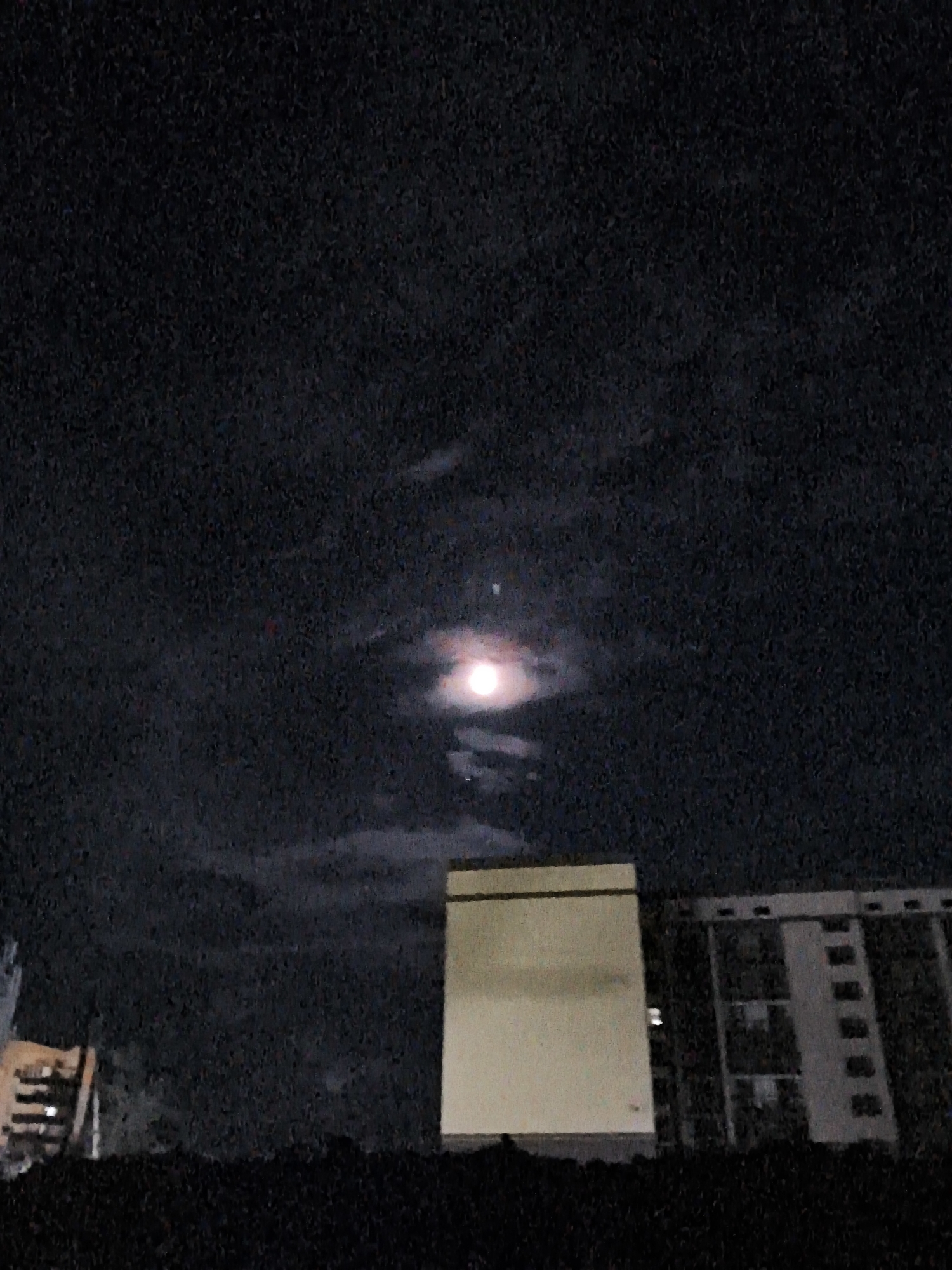 A nighttime, low-angle, slightly grainy photograph captures a dark sky with a bright, partially clouded moon. Below the moon, the silhouette of a dark, low-lying area, possibly vegetation or foliage, is visible across the bottom of the frame. Behind this, a light-colored, rectangular building with a darker roofline is centrally positioned. To its right, a multi-story apartment building with visible windows and balconies is partially obscured. Faintly visible on the far left, part of another building or structure can be seen. The scene appears to be an urban or semi-urban environment at night, with the moon and clouds as the dominant celestial features.