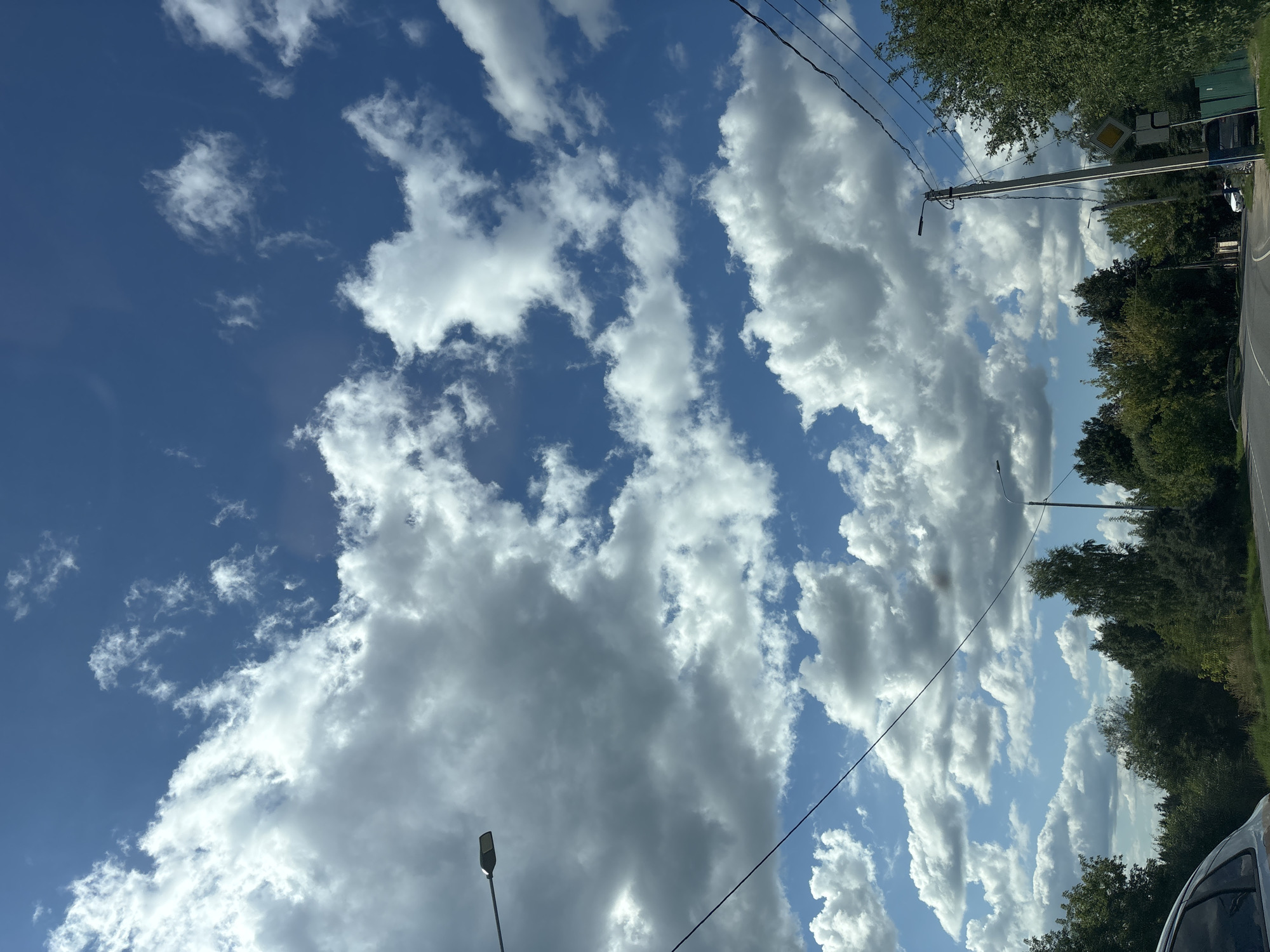 The image depicts a view of the sky and trees from a street in Zakharovo, Russia. The sky is a vibrant blue, filled with fluffy white cumulus clouds. A single-lane road curves through a landscape bordered by dense green trees. Several utility poles with overhead wires are visible, along with streetlights. A car is partially visible on the left side of the road.