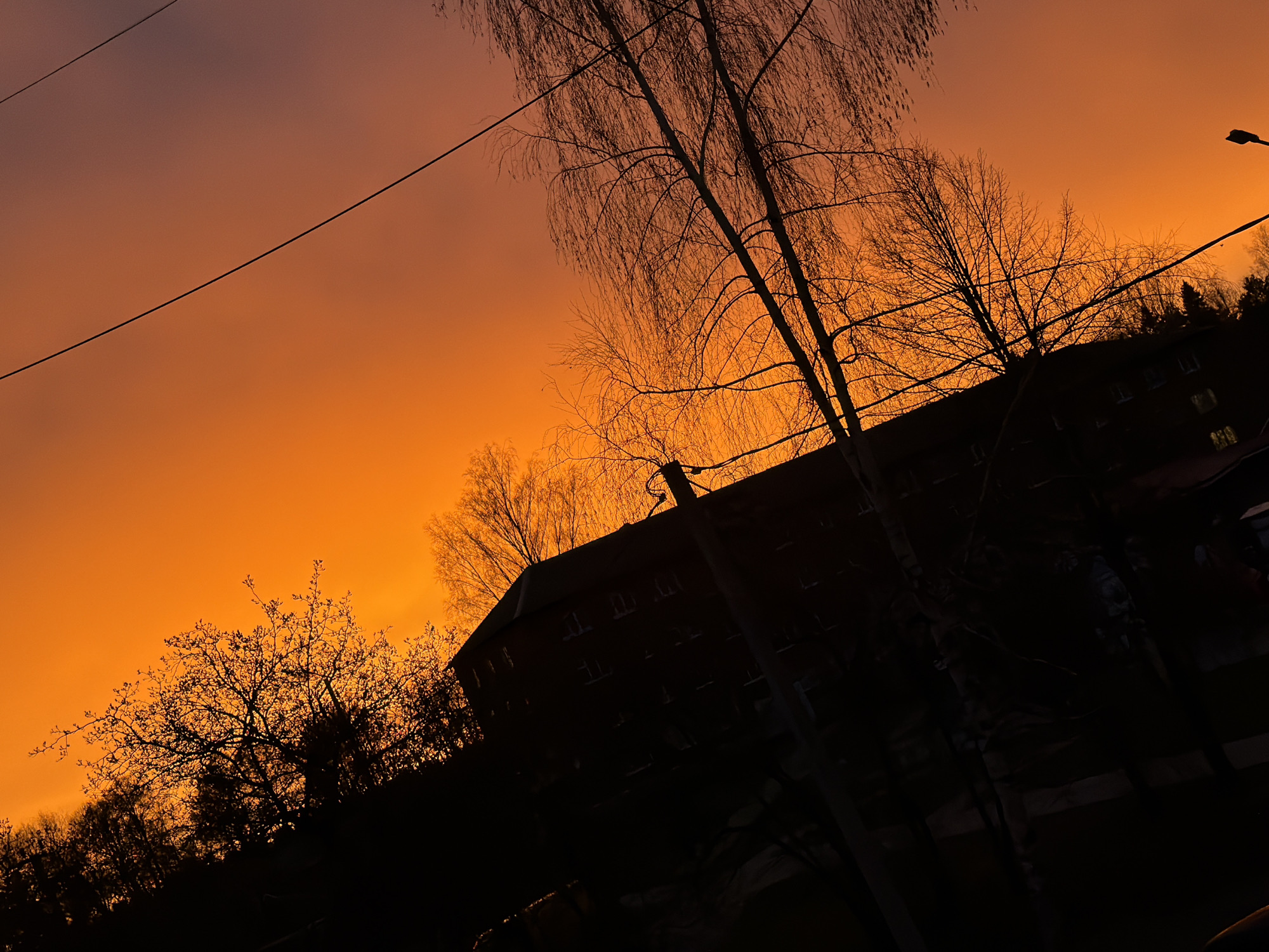 The image depicts a silhouetted cityscape in Reshetnikovo, Russia, during a vivid sunset. In the foreground, bare trees and a large building are silhouetted against an orange sky. Electrical wires run diagonally across the top left of the frame. A streetlight is visible at the top right. The scene appears to be angled upwards, capturing the sky and the silhouettes of the city elements.
