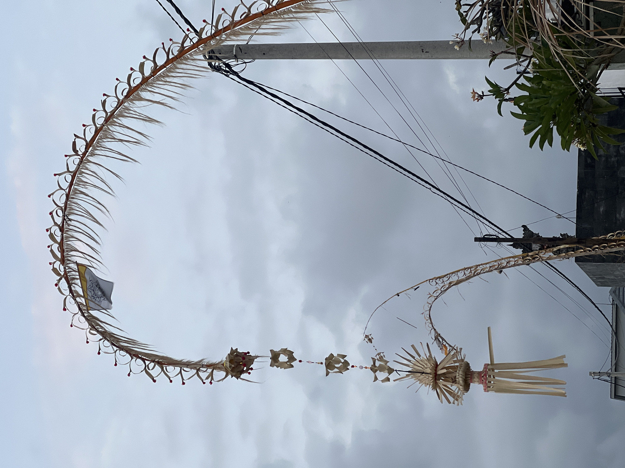 An outdoor, slightly upward-angled, low-angle shot captures an overcast day in Mengwi, Indonesia. The foreground is dominated by a tall, curved, palm frond arch decorated with red beads and what appear to be intricate woven paper elements. Hanging from this arch is a series of decorative elements, including what look like paper cutouts and red beads. A smaller, more upright arch, also decorated with palm fronds and beads, is visible lower in the frame.
To the right of the decorative arches, a concrete utility pole stands tall, draped with numerous electrical wires. Beyond the utility pole, a lush green plant with white flowers is partially visible. In the far background, a cloudy, grayish sky completes the scene. There are no people visible in the image.