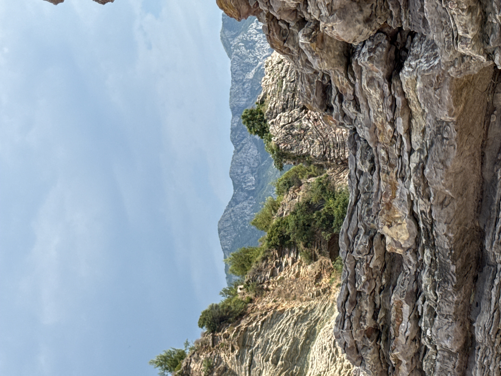 The image shows a rocky cliff face with sparse vegetation, against a backdrop of a distant mountain range and a pale blue sky with some clouds. The perspective is looking upwards and towards the sea, with the foreground dominated by the textured surface of the cliff. The rocks are a mix of gray and brown, with striations and crevices that suggest age and weathering. Small green bushes and trees cling to the side of the cliff, adding a touch of life to the rugged landscape. The distant mountains are layered and appear rugged, fading into the haze of the atmosphere. The sky is clear for the most part, with scattered white clouds. The lighting suggests it is daytime, likely mid-morning or afternoon, with diffused sunlight. There are no people or man-made objects visible in the frame, emphasizing the natural and somewhat wild environment. The scene evokes a sense of tranquility and the grandeur of nature, with the vastness of the mountains and sky contrasting with the detailed texture of the rocks. The image is oriented vertically, with the sky appearing on the left and the cliff face on the right.