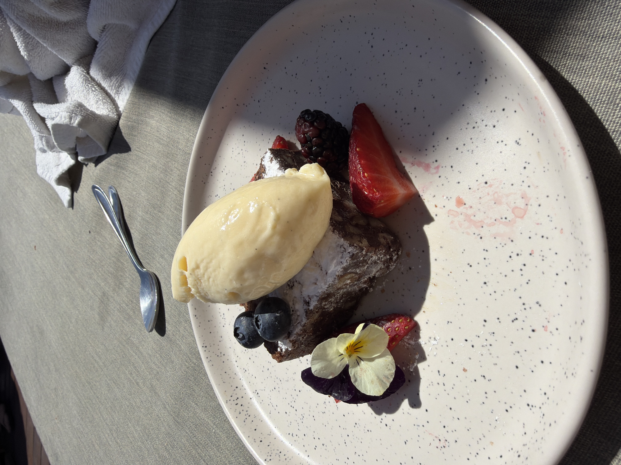 A white speckled ceramic plate holds a dessert on a light grey woven surface. The dessert consists of a rectangular dark cake slice, dusted with powdered sugar, topped with a scoop of pale yellow ice cream. Two blueberries rest on the cake near the ice cream. Garnish includes a single blackberry, two strawberry slices, and a white and purple edible flower (pansy type). Red berry juice stains are visible on the plate's right side. To the left of the plate, a silver spoon lies on the grey surface. In the upper right background, a folded white terrycloth towel is present. Strong sunlight casts distinct shadows across the scene. The setting is an undetermined outdoor leisure environment in an unknown city. No individuals are visible.