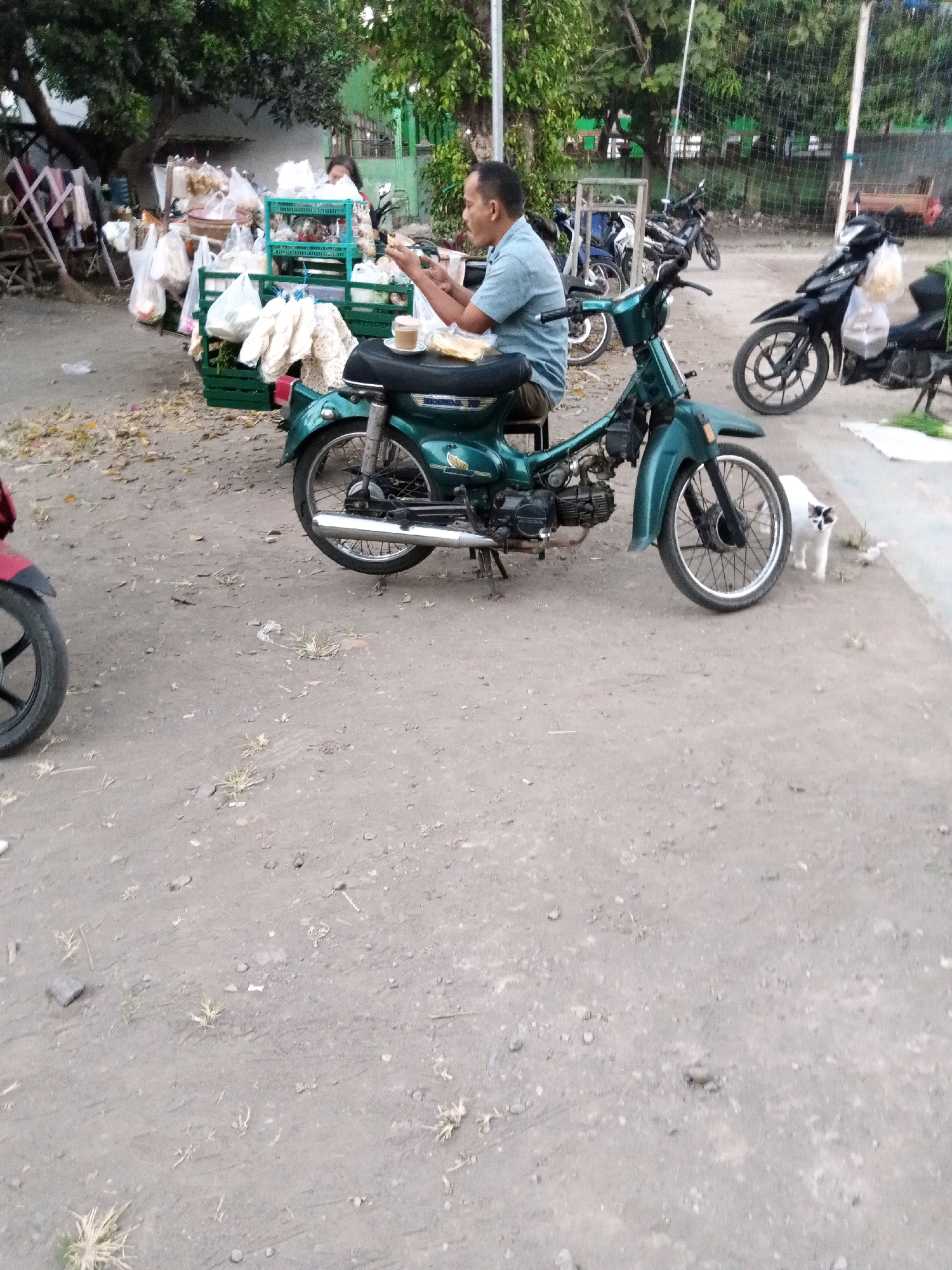 A man in a blue short-sleeved shirt sits on a green motorcycle in what appears to be a street market or roadside stall area in Sono Ageng, Indonesia. He is holding a small cup of what looks like coffee and a piece of food, possibly eating or preparing to eat. The motorcycle is a vintage model with a green body and a silver exhaust pipe. Behind the man, there are several stalls laden with food items wrapped in plastic bags and baskets. Other motorcycles, including a black one, are parked in the background. A white cat with black markings is standing near the front wheel of the green motorcycle. The ground is dirt and gravel, with some scattered leaves and vegetation. The overall scene suggests a casual outdoor setting where street vendors operate.