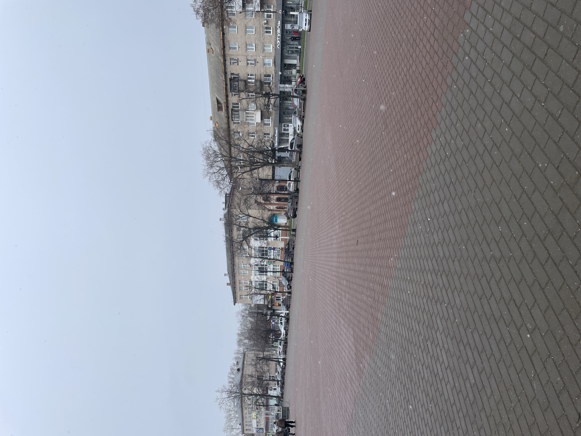 The image shows a street in Chaikovsky, Russia on a winter day. The sky is overcast and light snow is falling. Along the left side of the frame is a row of buildings, ranging from several stories in height and of Soviet era architecture. A row of bare trees line the street in front of the buildings. There are parked cars along the side of the street closest to the buildings. On the right side of the frame is a wide pedestrian area paved with bricks in two shades, red and grey. The ground is wet from the snow. Several individuals are visible in the lower left corner.