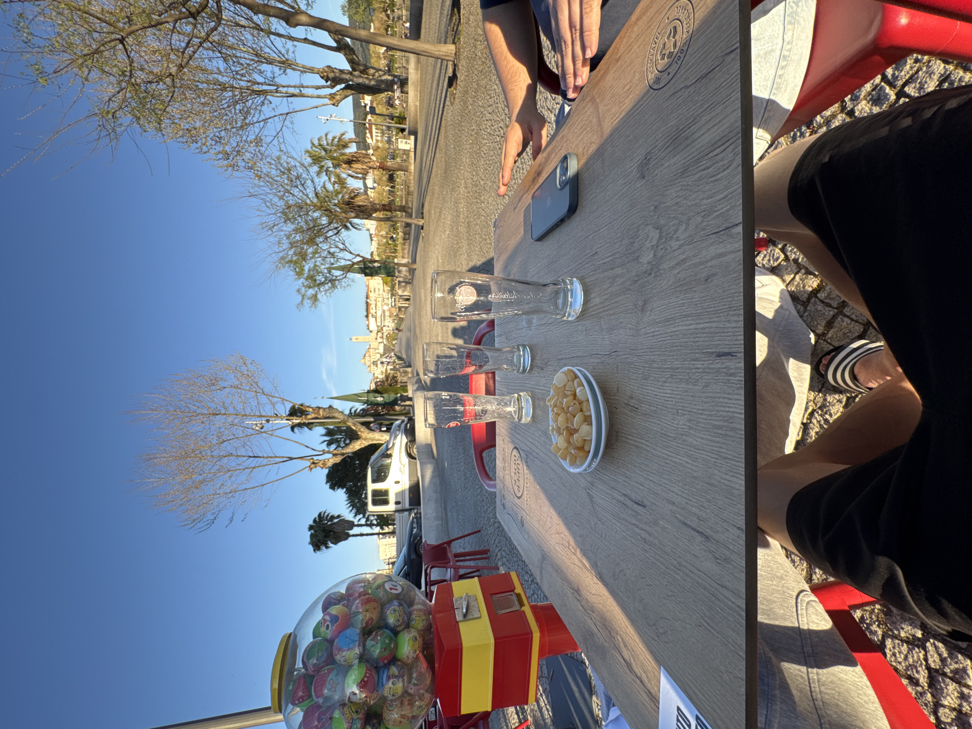 The image depicts an outdoor café scene captured from a first-person perspective, seated at a table on a cobblestone pavement. The location is the city of Mirandela, Portugal, specifically along what appears to be a riverfront promenade or a major street parallel to a river, given the distant architecture and tree-lined expanse.
In the foreground, a light-colored wooden table occupies the lower half of the frame. On the table, from left to right, are two empty, tall beer glasses, one branded "SUPER BOCK," and a small white bowl containing an amber-colored snack, possibly lupini beans or corn nuts. To the right of the snack bowl, an iPhone, encased in a dark blue or grey cover, rests face down. To the right of the phone, two male hands with light skin are visible on the table, one palm down, the other with fingers slightly spread. Below the table, the photographer's legs, clad in dark shorts and wearing a black-and-white striped sandal on the right foot, are visible, seated on a red chair. A red plastic chair is also partially visible to the left.
Immediately to the left of the table, a red and yellow gumball machine with a large clear sphere filled with colorful, patterned gumballs is positioned. Behind the table, a wide, tree-lined street or promenade paved with cobblestones stretches into the distance under a clear, bright blue sky with no clouds. The lighting suggests late afternoon or early morning sun, casting long shadows and illuminating the scene with a warm glow.
In the midground, various deciduous trees with bare branches stand alongside palm trees. A white delivery van and a dark sedan are parked or driving in the distance. The background features a cluster of buildings with terracotta roofs, typical of southern European architecture. A prominent light-colored clock tower or church steeple is visible on the horizon, confirming a central urban area. The overall environment suggests a relaxed, public outdoor setting.