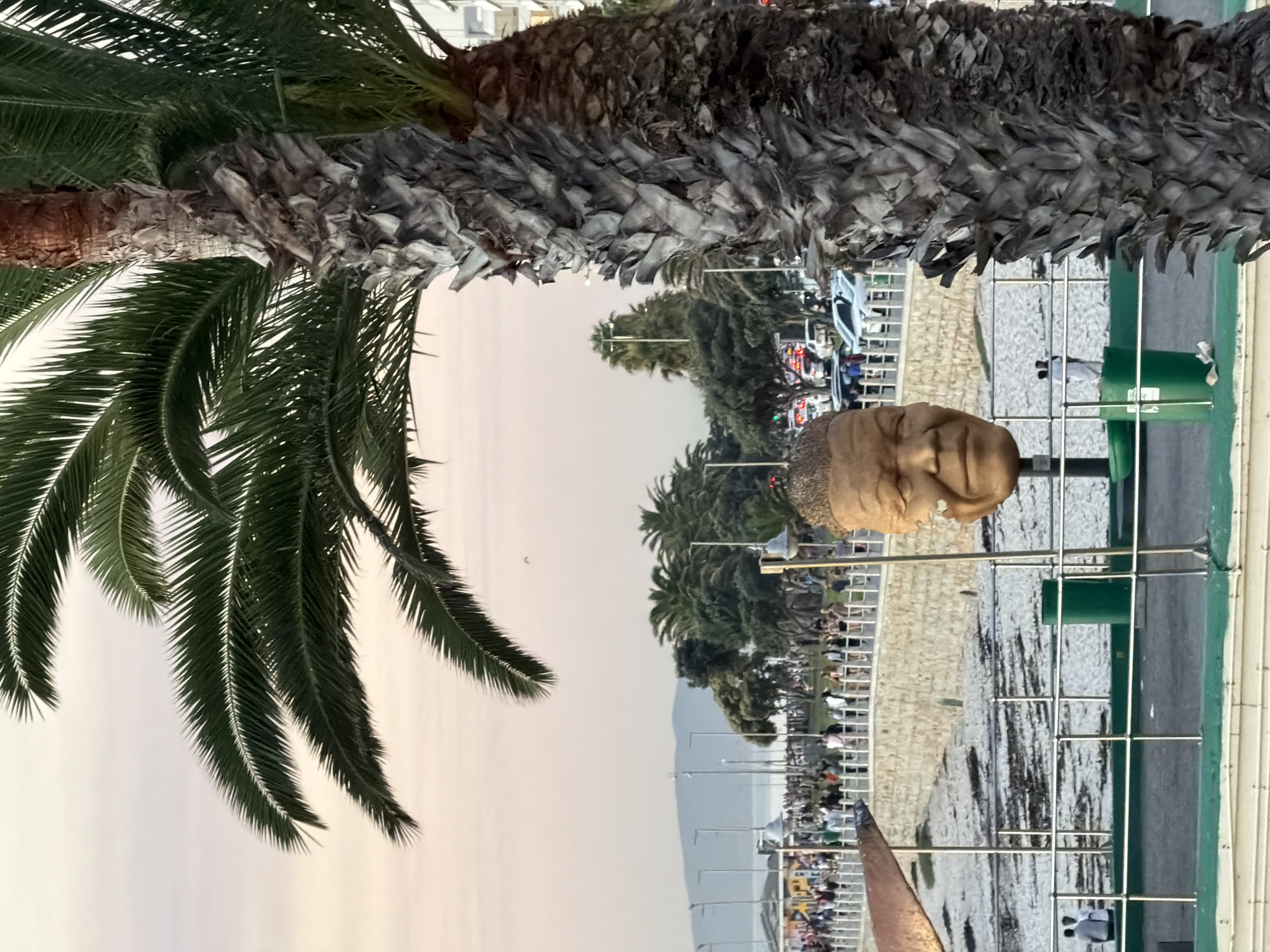 The image presents a scene in Cape Town, South Africa, featuring a bustling coastal promenade. In the foreground, a palm tree frames the view. A bronze bust sculpture is visible against the backdrop of the beach and ocean. A crowd of people is walking and relaxing along the promenade. Metal fencing separates the pedestrian area from the beach. The overall environment suggests a warm, sunny day at a popular tourist destination.