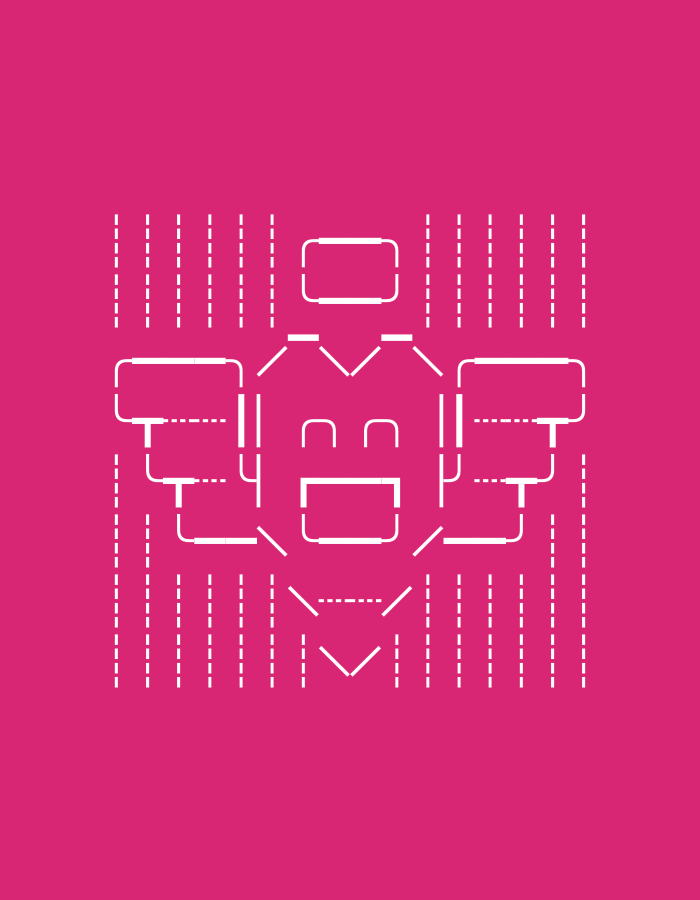 The image is a minimalist graphic of a robot or character created using white lines against a bright pink background. The robot has a rectangular head with rounded corners, and two eyes represented by U-shapes. It has a wide, smiling mouth formed by two connected horizontal lines and a downward-pointing V-shape. The robot's body is depicted with angular lines, forming shoulders and what appear to be arms or wings. The entire figure is surrounded by vertical dashed lines, suggesting a digital or schematic representation. The graphic does not depict any identifiable city or location.