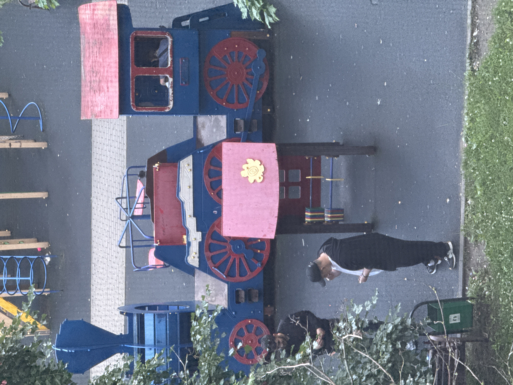 The image shows an outdoor scene with a blue and red children's playground designed like a train. The playground features large red wheels and pink sections. Two people are visible in the image, both appearing to be adults. One person is wearing a black hoodie and black pants, and is bent over, looking towards the ground. They are wearing a black baseball cap and white sneakers. Another person, partially obscured by the playground and greenery, is also visible, with dark hair.
The setting appears to be a park or an area with a playground, with a paved surface and some grassy areas. Green foliage is present in the foreground, obscuring parts of the lower section of the image. A green trash can is visible to the right of the playground. The lighting suggests it might be daytime, possibly overcast, as there are no strong shadows. The overall mood is casual and relaxed. No visible text is discernible in the image.