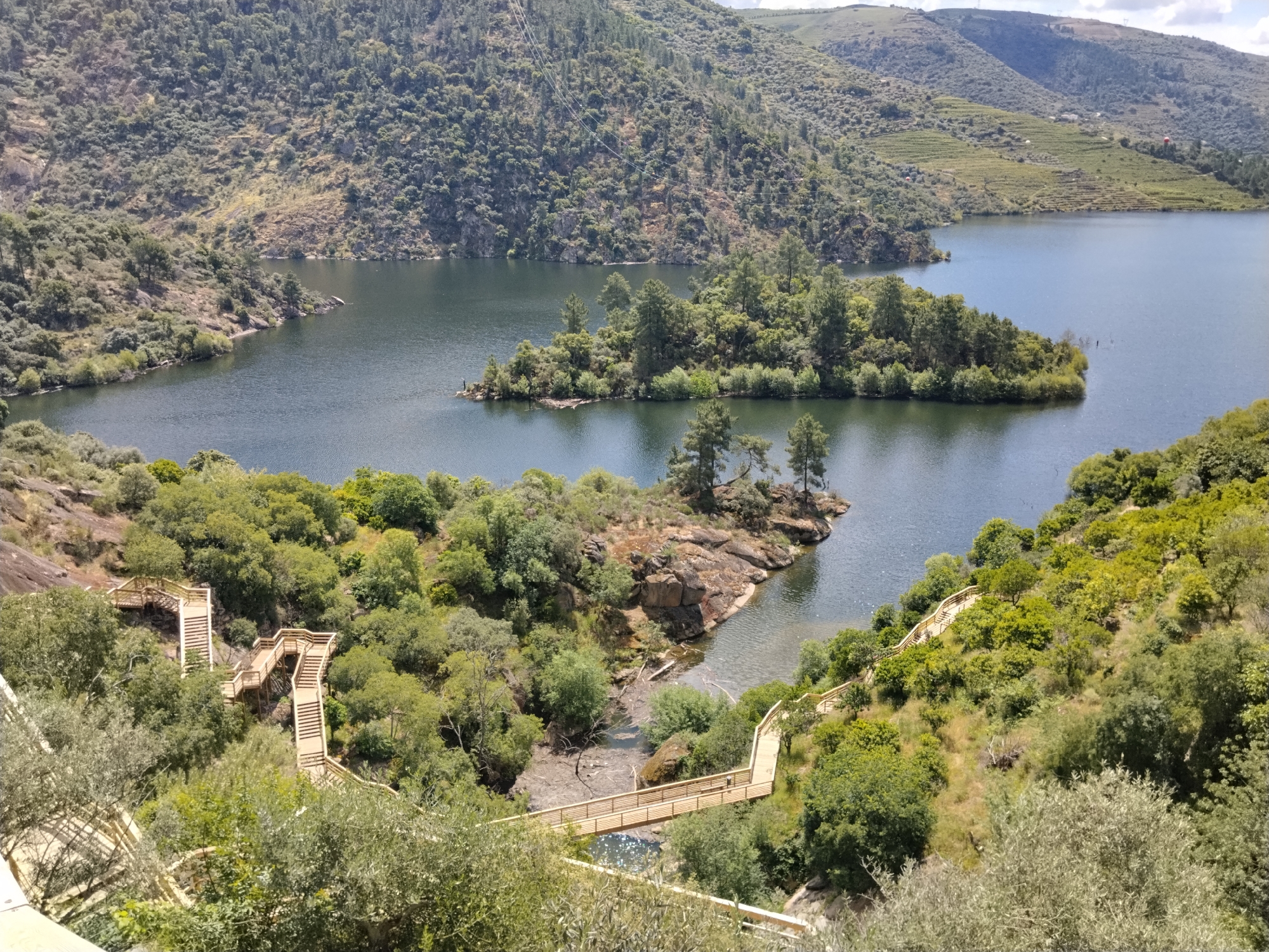 The image shows a landscape view in Alijó, Portugal. The main focus is a body of water, possibly a river or lake, surrounded by green, forested hills. In the foreground, wooden walkways and stairs wind through the trees, suggesting a hiking or sightseeing trail. An island covered in trees is visible in the water. The overall impression is of a natural, scenic environment with man-made structures designed to allow visitors to explore the area.