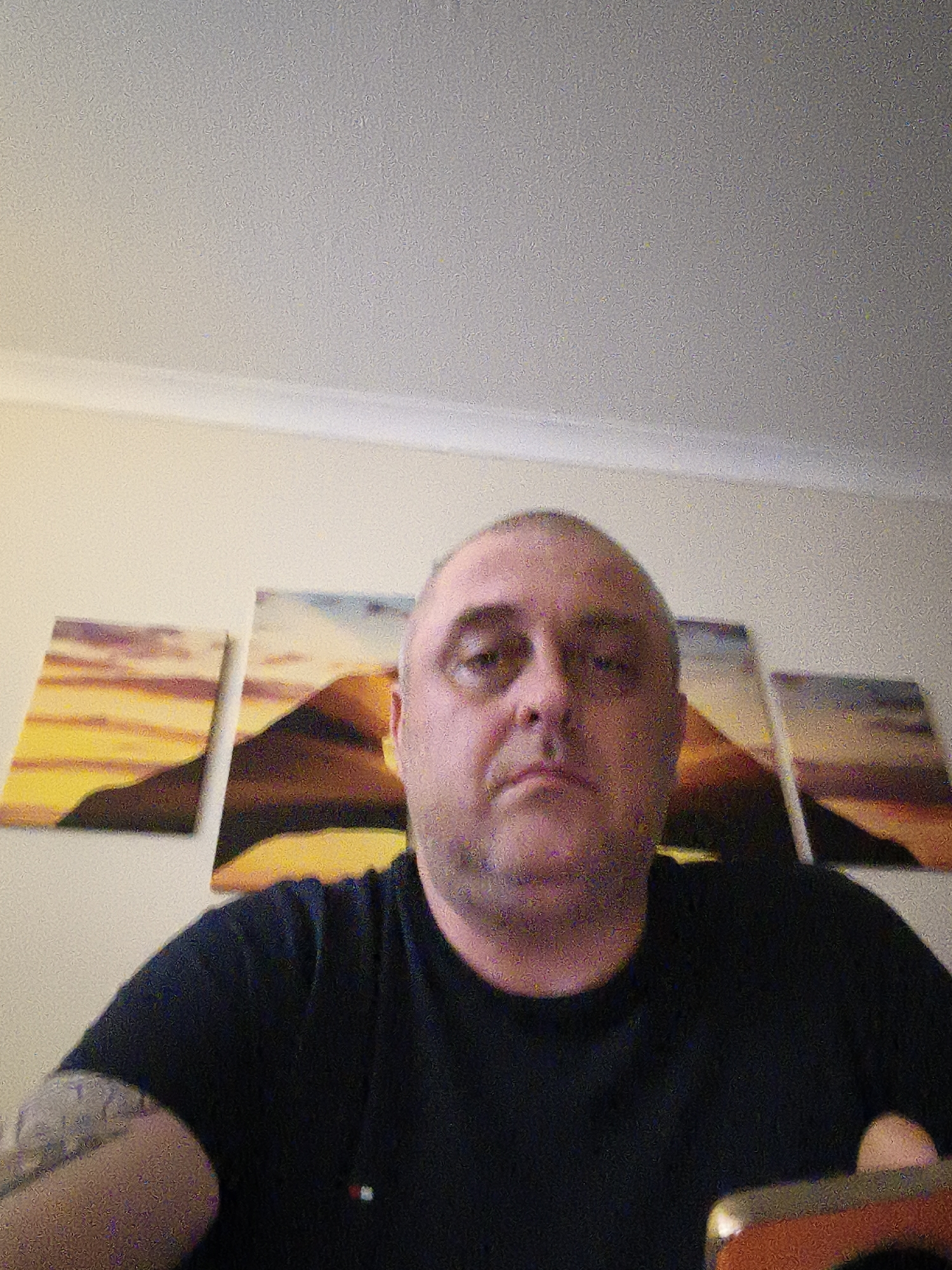 A selfie-style image captures a middle-aged man indoors, likely in a home setting. The man is positioned in the lower center of the frame, looking directly at the camera with a neutral, slightly weary expression. He has short, light-colored hair and appears to be balding. He is wearing a dark-colored, possibly black or dark blue, crew-neck t-shirt. A small red, white, and blue logo, resembling the Tommy Hilfiger brand, is visible on the left side of his chest. A tattoo, possibly tribal or abstract, is visible on his left arm.
Behind the man, on a light-colored wall, are three framed paintings. These artworks depict a stylized landscape, possibly mountains, under a warm-toned sky suggesting a sunset or sunrise with hues of orange, yellow, and purple. The paintings are arranged horizontally, with the central one being larger and flanked by two smaller ones. Above the wall, a plain, light-colored ceiling is visible. Part of a smartphone, which appears to have an orange or brown casing, is visible in the lower right corner, held by the man, indicating he is taking the picture.
The overall image quality exhibits significant digital noise or grain, particularly noticeable on the walls and ceiling, suggesting low light conditions or a camera with limited low-light performance. The scene is set in what appears to be a personal living space. The provided context indicates the location is Huntingdonshire, United Kingdom.
