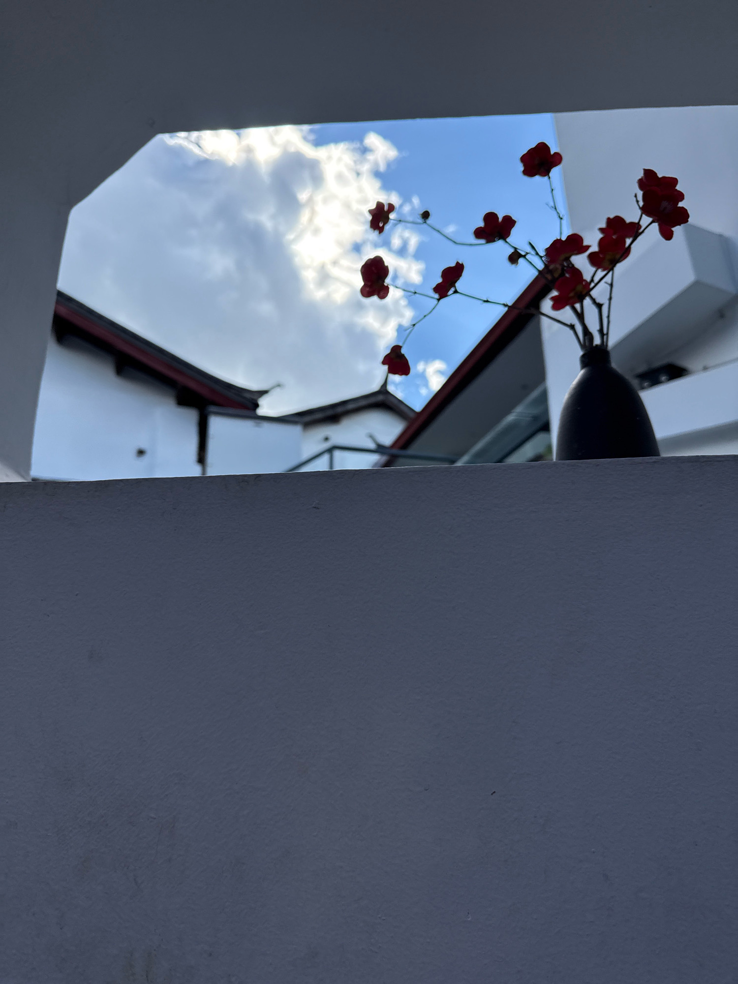 An indoor shot, looking out through a window opening, frames a scene of traditional Chinese architecture against a cloudy sky. In the foreground, a dark, matte vase holds a sprig of red artificial flowers. The flowers, appearing to be plum blossoms, are small and clustered, with delicate stems. The vase sits on a textured, light gray surface, possibly a windowsill or ledge, which occupies the bottom half of the frame.
Beyond the vase, the opening reveals the exterior. White walls of a traditional building are visible, with dark, pitched roofs featuring upturned eaves. The architectural style suggests a courtyard or a historical district. The sky is a mixture of blue and white, with large, fluffy clouds, some illuminated by sunlight. The light is diffused, indicating either early morning or late afternoon. The perspective is from a low vantage point, looking upwards. No people are present in the frame, and the scene is still and quiet. The location is identified as Gucheng District, China, hinting at a cultural and historical setting for this view. The overall impression is one of serene beauty, juxtaposing the artificial vibrancy of the flowers with the natural elements of the sky and the timeless architecture.