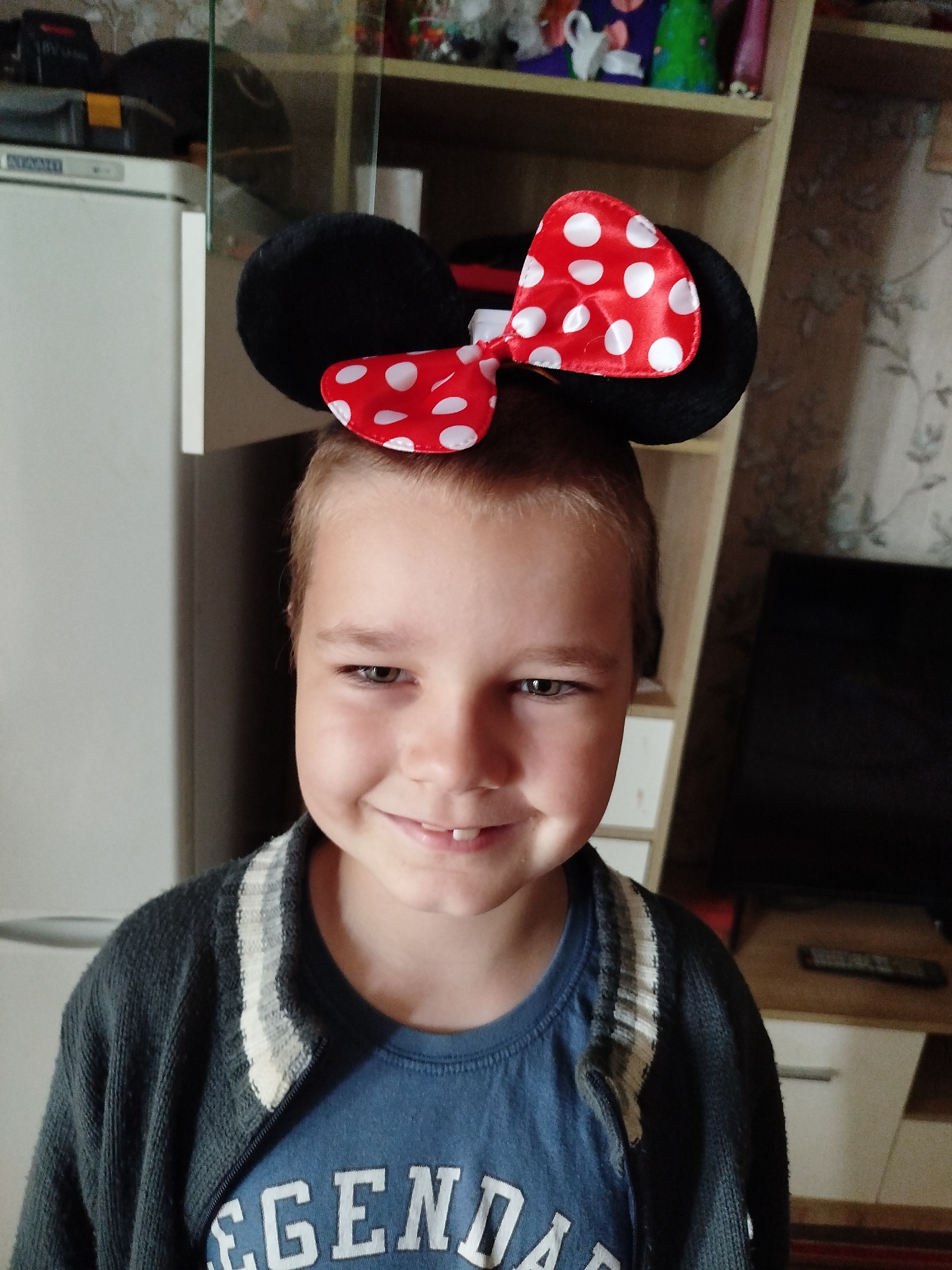 A young Caucasian boy with blonde hair and a slight smile is looking directly at the camera. He is wearing a blue t-shirt with white lettering that reads "LEGENDARY" and a dark gray cardigan with white stripes around the collar. On his head, he has black Mickey Mouse ears with a red and white polka dot bow. The background appears to be an indoor domestic setting with furniture including a refrigerator on the left and shelves with various items on the right, including what looks like a television. The lighting is even, and the image is a close-up shot focused on the boy's face and upper body. The location context of Крывасельскі сельскі Савет, Belarus, suggests this is a personal photograph taken within a home in that rural administrative region.