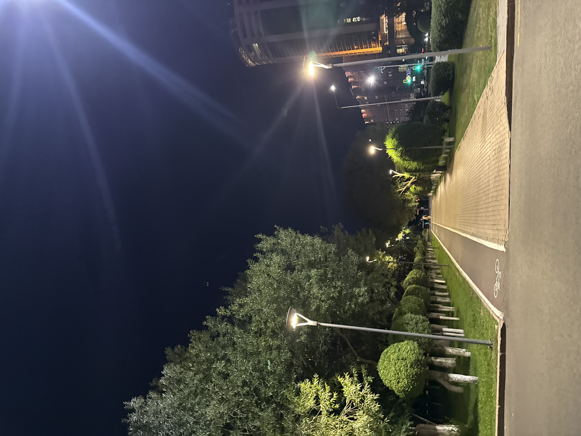 This image depicts a nighttime view of a paved pathway in a park setting, likely in Astana, Kazakhstan. The pathway, lined with meticulously trimmed trees and bushes, is illuminated by streetlights. On the left side of the pathway, there is a dedicated lane marked with a bicycle symbol. In the background, tall buildings, including a modern skyscraper with illuminated windows, suggest an urban environment. The sky above is dark, with a bright light source creating a lens flare effect, possibly from a streetlamp or a distant light. A few individuals are visible walking in the distance along the pathway. The overall atmosphere is tranquil and well-maintained.