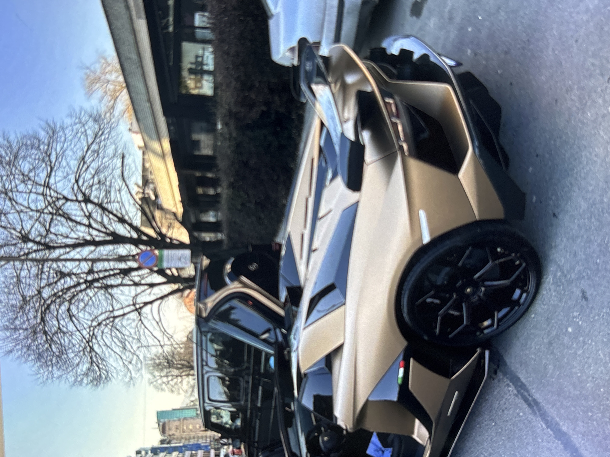 An outdoor, street-level photograph captured in bright daylight shows a gold/bronze and black Lamborghini supercar with its driver's side door open. The car, detailed with sharp, angular lines and glossy black accents, is parked or stopped on what appears to be an asphalt surface, slightly angled towards the viewer. Black multi-spoke wheels are visible on the car.
In the background, bare-branched trees, suggesting a winter or early spring season, stand against a clear blue sky. Behind the trees and along the street, several multi-story buildings with various architectural styles are visible. A white vehicle is partially seen parked in front of the Lamborghini.
Notable details include a circular blue road sign with a red diagonal line, indicating a "no stopping" or "no waiting" restriction, mounted on a pole near the bare trees. Below it is a rectangular sign, but any text on it is illegible. The car also features small Italian flag colored stripes (green, white, red) near the side vent. The sun is casting long shadows, suggesting either morning or late afternoon. No people are visible in the image, but the open car door implies recent or imminent human activity. The overall setting is urban, with clear weather conditions.