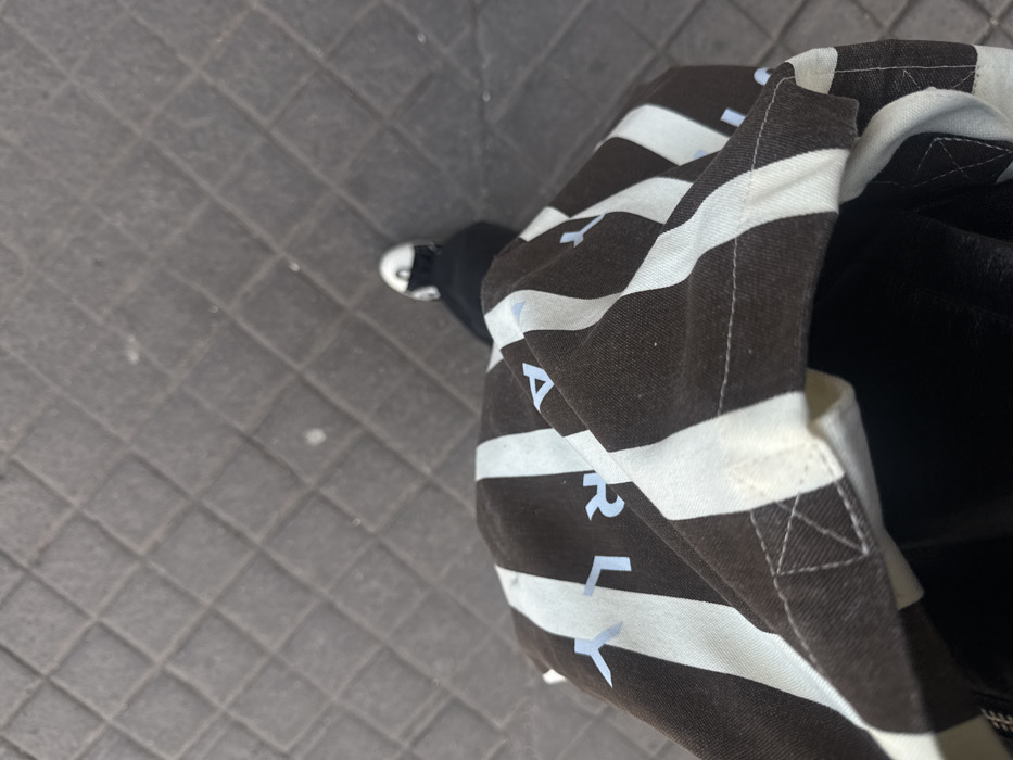An overhead perspective captures a paved urban surface with a person's foot and a fabric bag in the foreground. The ground consists of dark gray square tiles arranged in a diagonal pattern, showing minor surface wear and light debris. A foot, positioned in the mid-right, is clad in a black shoe with a distinct white toe cap, facing away from the viewer. Occupying the lower frame is a striped fabric item, likely a tote bag, featuring alternating dark brown and off-white vertical stripes. Light blue letters are printed on the dark stripes, partially spelling "PARLY," indicating an association with the Le Parly 2 shopping center. The interior of the bag appears dark. The inferred location, based on the bag's text, is the vicinity of Le Parly 2 shopping center, situated in Le Chesnay, a commune in the western suburbs of Paris, France.