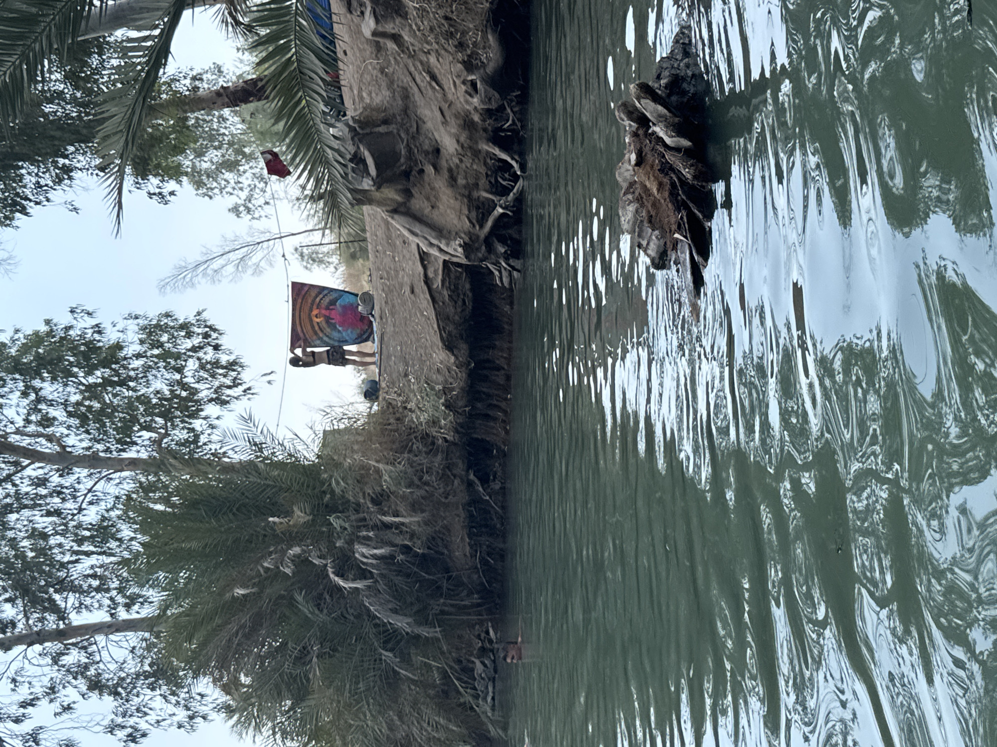 The image depicts a body of water with a steep, sandy bank lined with palm trees and other vegetation. On the bank, two individuals are visible. One person, appearing to be a woman, is holding up a colorful tapestry or fabric that features an image of a Buddha-like figure. Next to her, another person is standing with their back to the camera. There is also a tent or shelter visible further in the background. The water is a murky green color, and a piece of driftwood is floating in the foreground. The overall setting suggests an outdoor recreational area, possibly a riverbank, within the Emek HaYarden Regional Council in Israel.