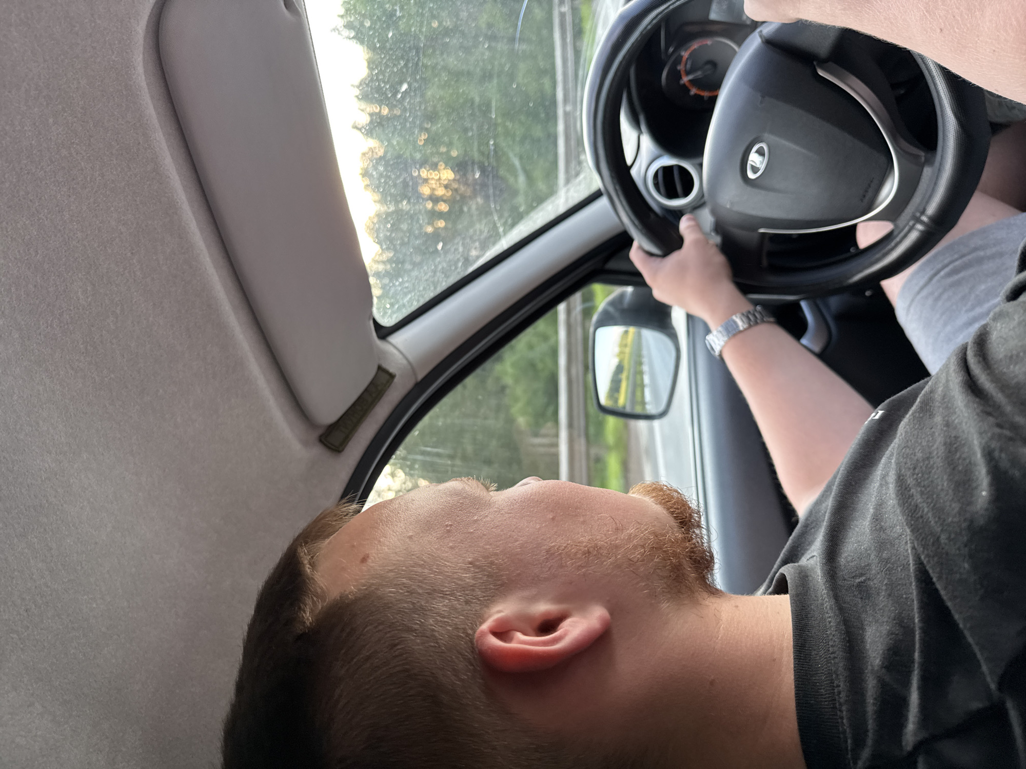 An eye-level, medium shot captures a person driving a vehicle on a road. The driver, a white male with short, light brown hair and a reddish-brown beard, is seen from the neck up, facing right and looking out the side window. He is wearing a black t-shirt and grey shorts. His left hand is on the steering wheel, a silver watch is visible on his left wrist. The interior of the car is visible, including the steering wheel, dashboard with an orange dial, and a sun visor. Outside the car, through the windshield and side window, a blurry green forest is visible, with sunlight filtering through the trees, suggesting it is either sunrise or sunset. A road barrier runs parallel to the car. The overall impression is that of a casual drive, possibly on the outskirts of a rural or suburban area. The location is specified as Opalikha, Russia.