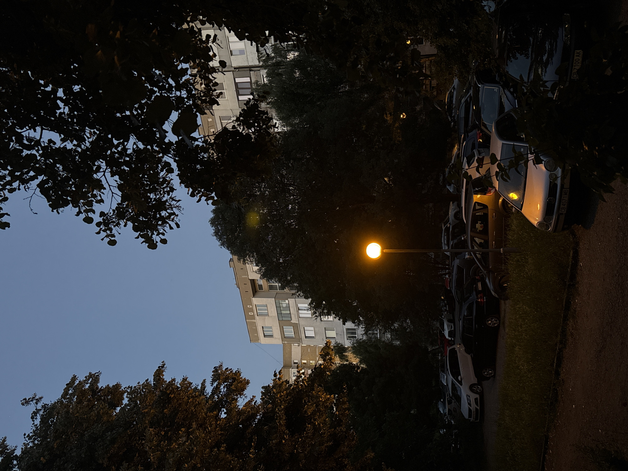 The image depicts a view of a residential area in Sofia, Bulgaria, at dusk. A multi-story apartment building, characterized by its grey facade and numerous windows, dominates the background. In the foreground and middle ground, a variety of parked cars are visible on a paved surface adjacent to a grassy area. Trees with dense foliage frame the scene, casting shadows and partially obscuring the view. A single lamppost with a glowing orange light stands prominently, illuminating a portion of the parking lot and nearby cars. The sky is a clear, dusky blue, indicating the transition from day to night. No people are present in the image, and no specific activities are depicted other than the static presence of parked vehicles and the ambient lighting from the street lamp.