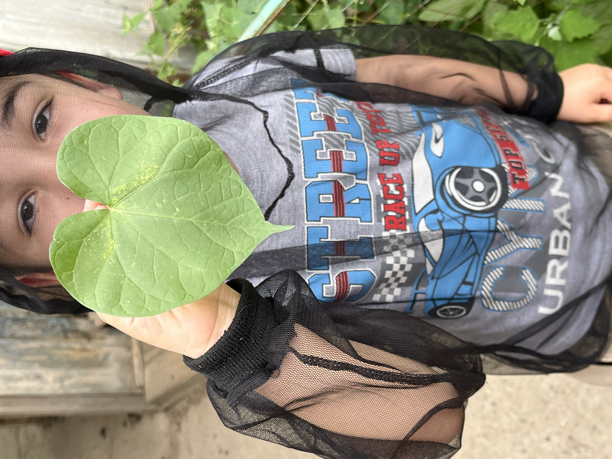 The media file shows a child, likely a boy, wearing a gray t-shirt with a blue race car graphic and the words "RACE UP TO TOP" and "URBAN" printed on it. The child is also wearing a black mesh cover over their head and body, which appears to be a protective garment for insects, common in outdoor settings. The child is holding a large, heart-shaped green leaf in front of their face. The background suggests an outdoor environment, with greenery and what looks like a wooden surface. The lighting indicates it's daytime. The scene conveys a sense of childhood curiosity and engagement with nature, perhaps during playtime or an outdoor activity. The visible text on the t-shirt indicates a theme of racing and urban activity.