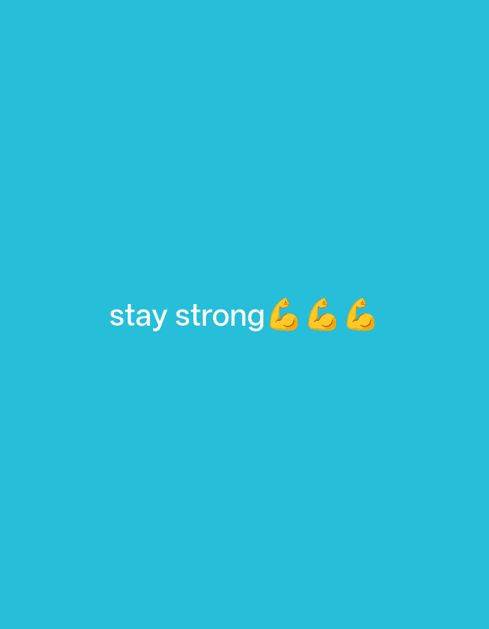 The image features the phrase "stay strong" in white text, centered on a bright cyan background. To the right of the text, three yellow bicep flex emojis are displayed horizontally. The image has a plain, minimalist aesthetic. There is no indication of a location in Payagaboh, Indonesia, or any other environmental context.