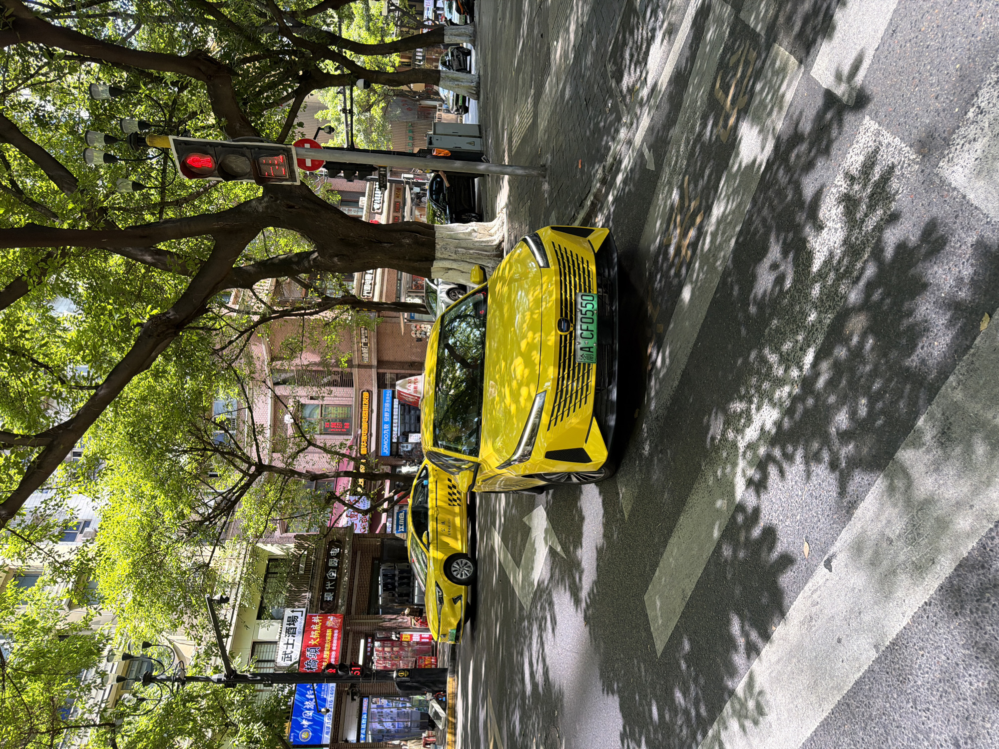 The image shows a street scene in Yuzhong District, China, on a sunny day. Two yellow taxis are visible, one in the foreground and another further back. The taxi in the foreground is parked at a pedestrian crossing, with its license plate reading "A CF0550". The street is lined with trees, casting dappled shadows on the asphalt and sidewalk. Buildings with shopfronts are visible on the left side of the street. A traffic light is showing red. The pedestrian crossing has white stripes painted on the road.