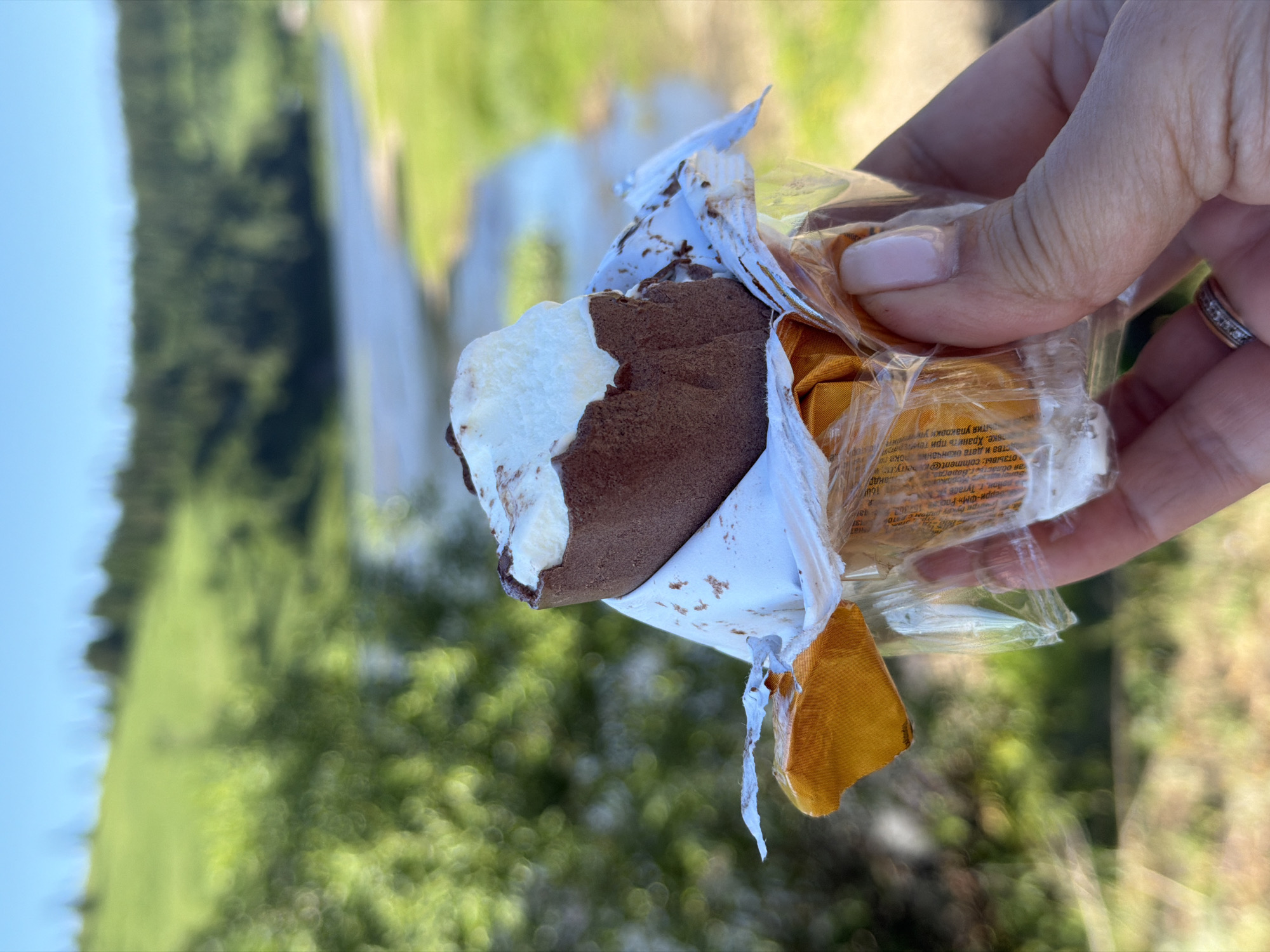 A hand holds a partially unwrapped ice cream bar with a bite taken out of it. The ice cream is coated in chocolate and has a white center. The background is a blurry landscape of green hills and a river under a clear blue sky. The image appears to be taken outdoors in a natural setting, possibly in Spassk, Russia, given the description. The hand has a ring on one finger.