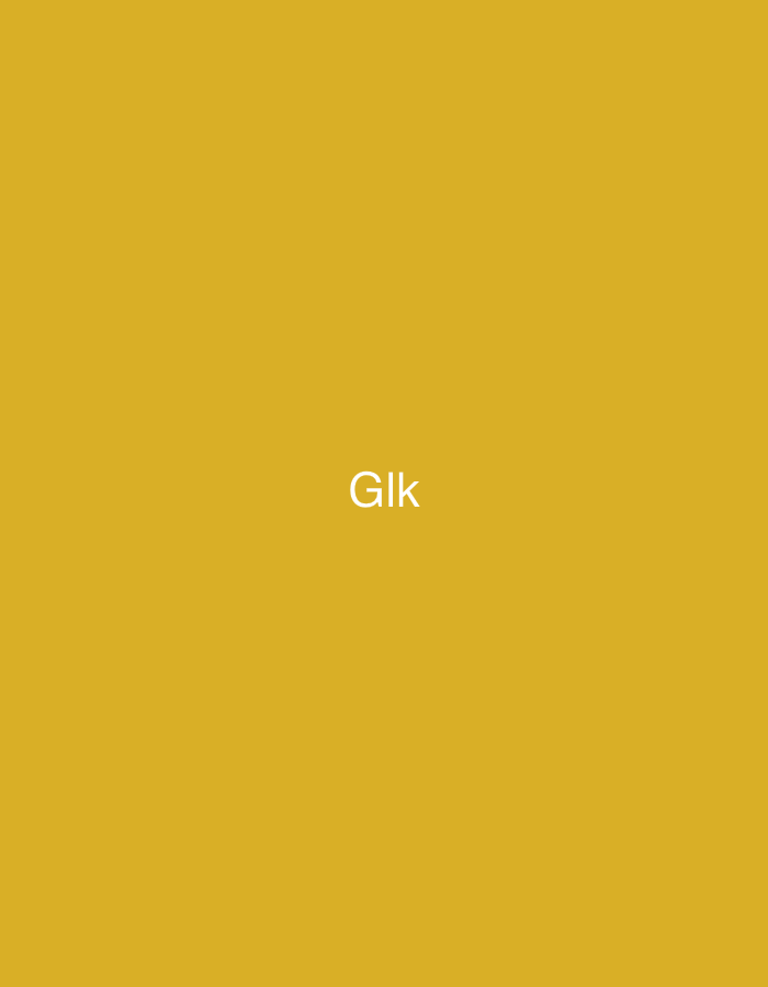 The image displays a solid, uniform field of deep goldenrod yellow, also described as mustard yellow. Centered horizontally and slightly above the vertical midpoint, the white, sans-serif text "Glk" is prominently featured in capitalized letters. No discernible people, objects, actions, or specific environmental features are present beyond the background and text. The image is associated with the city of Casablanca, Morocco.