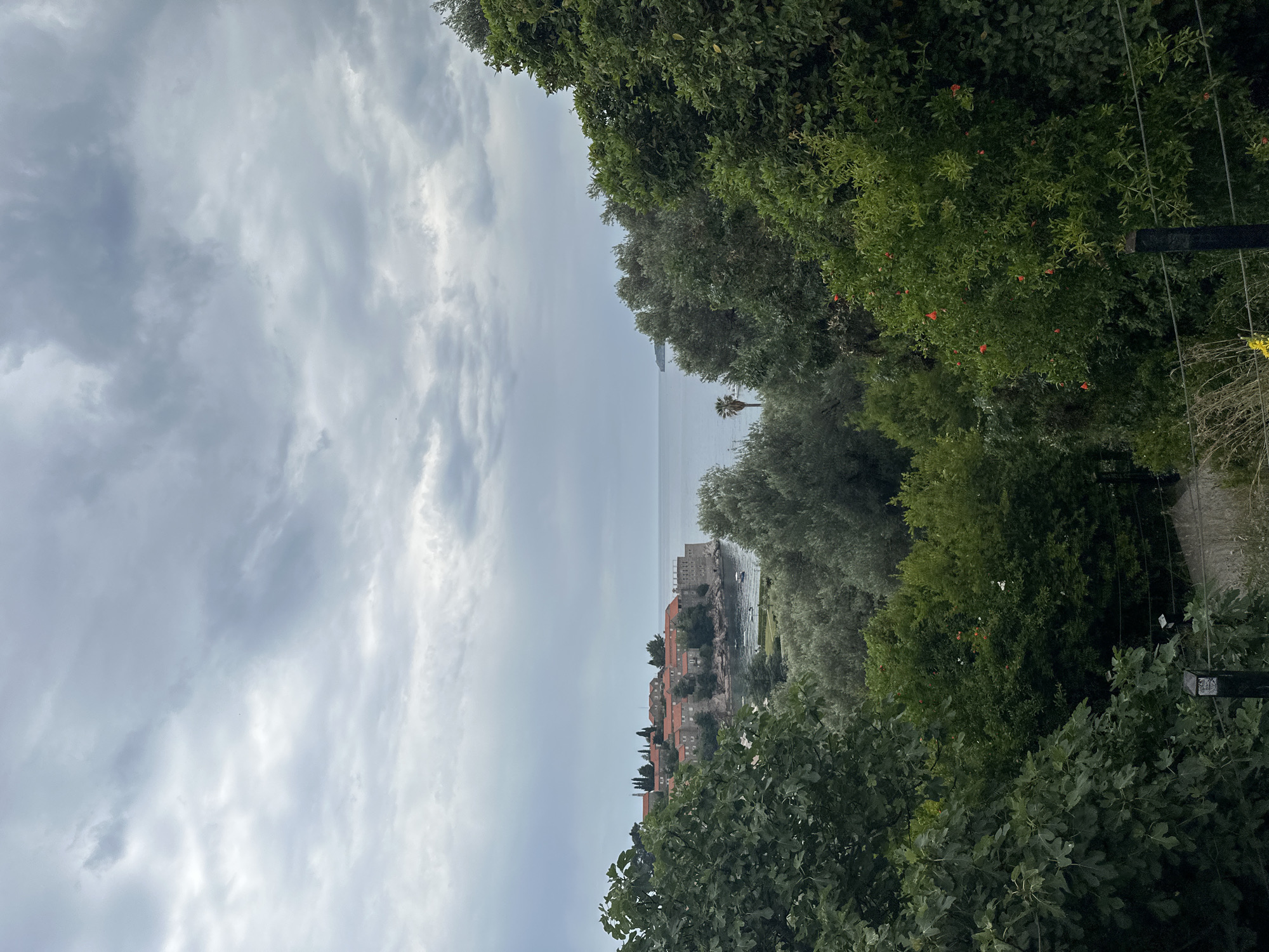 The image shows a landscape in Sveti Stefan, Montenegro. In the foreground, there is lush green vegetation, primarily trees. In the center of the view, a town with red-tiled roofs is visible along the coastline. Beyond the town, the sea stretches towards the horizon under an overcast sky filled with grey and white clouds. A single palm tree can be distinguished near the town. In the right side, there's a glimpse of a path with some infrastructure. The photograph is taken from an elevated position, looking towards the sea and the town.