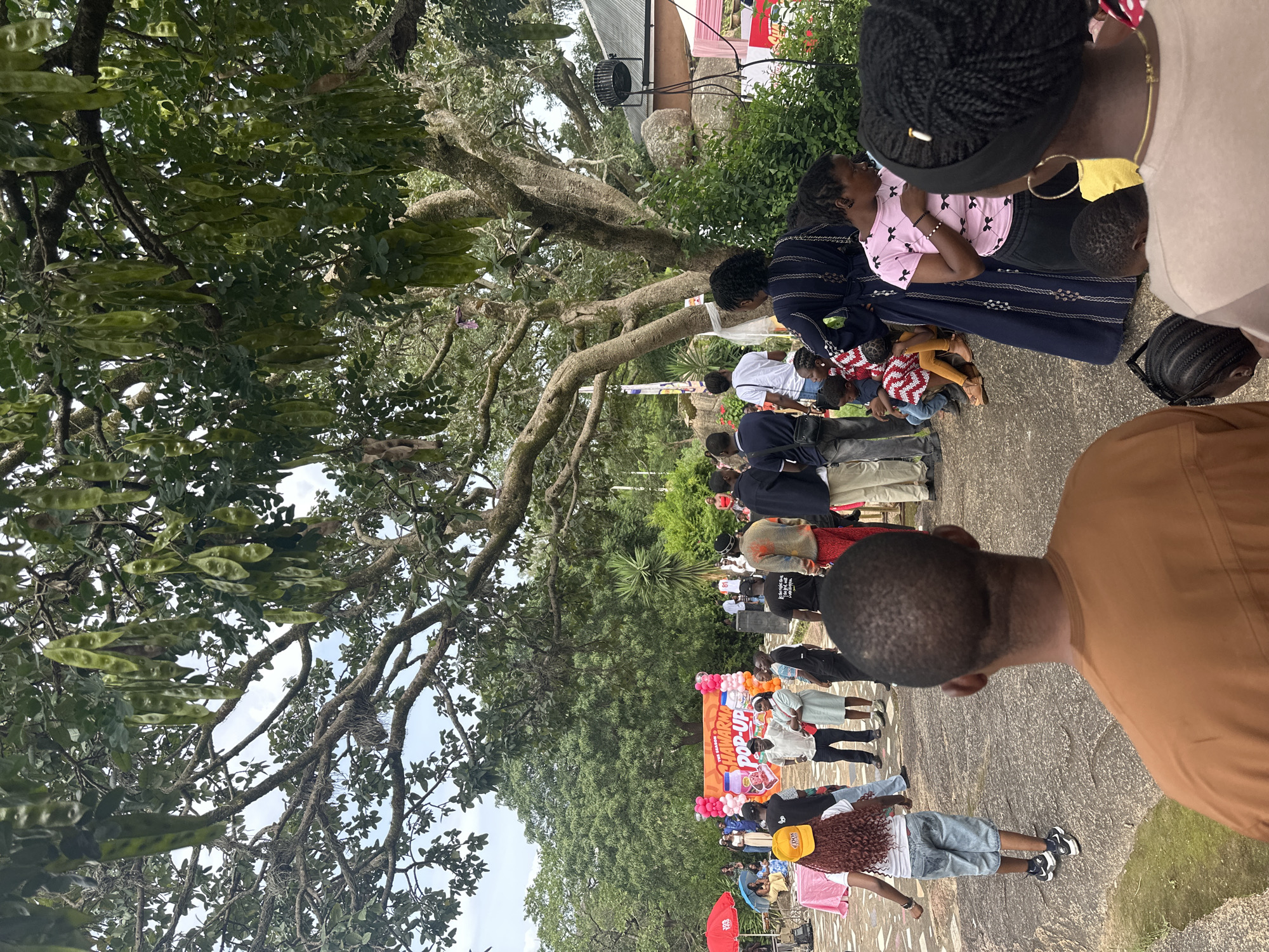 In Jos, Nigeria, at a "Shawarma Pop-Up" event, a crowd gathers outdoors under a large tree with hanging seed pods. A stage with a banner featuring a shawarma graphic is set up, and several people are milling around the event space. In the foreground, several individuals are visible, including a man in a brown shirt, a woman with curly hair in a yellow hat, and other attendees observing the festivities. The environment appears to be a rocky, outdoor area with lush green trees and vegetation, suggesting a park or natural setting within the city.