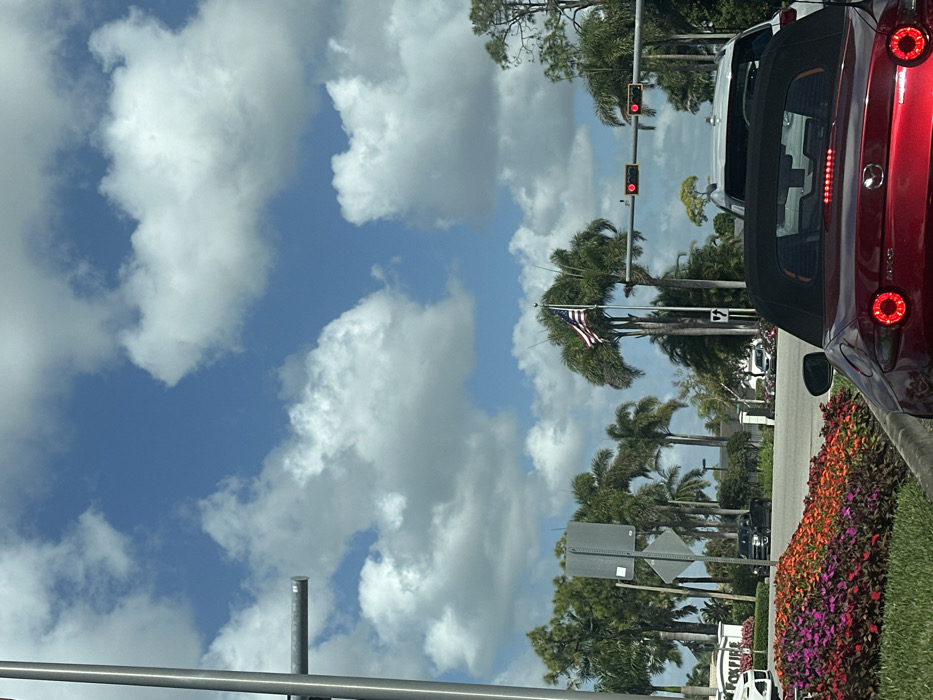 The image captures a daytime scene at the entrance to the Brookside community in East Naples, Florida, United States. In the immediate foreground, the rear of a red Mazda MX-5 Miata convertible is visible, with its soft top down and circular taillights illuminated. This vehicle is positioned behind a landscaped island containing numerous red, orange, and pink flowering plants. Ahead of the Mazda, a white SUV is also stationary. To the left, a white monument sign with "BROOKSIDE" inscribed in black letters is visible among the foliage. A tall flagpole, prominently displaying a flowing American flag, stands centered behind the traffic intersection, flanked by numerous tall palm trees. Overhead, two traffic light fixtures display illuminated red signals. A white sign with a black right-turn arrow is mounted near the traffic lights. The sky is bright blue with scattered white cumulus clouds. Additional vehicles and light-colored buildings are partially visible in the background, set amidst dense tropical vegetation characteristic of the region. No individuals are visible.