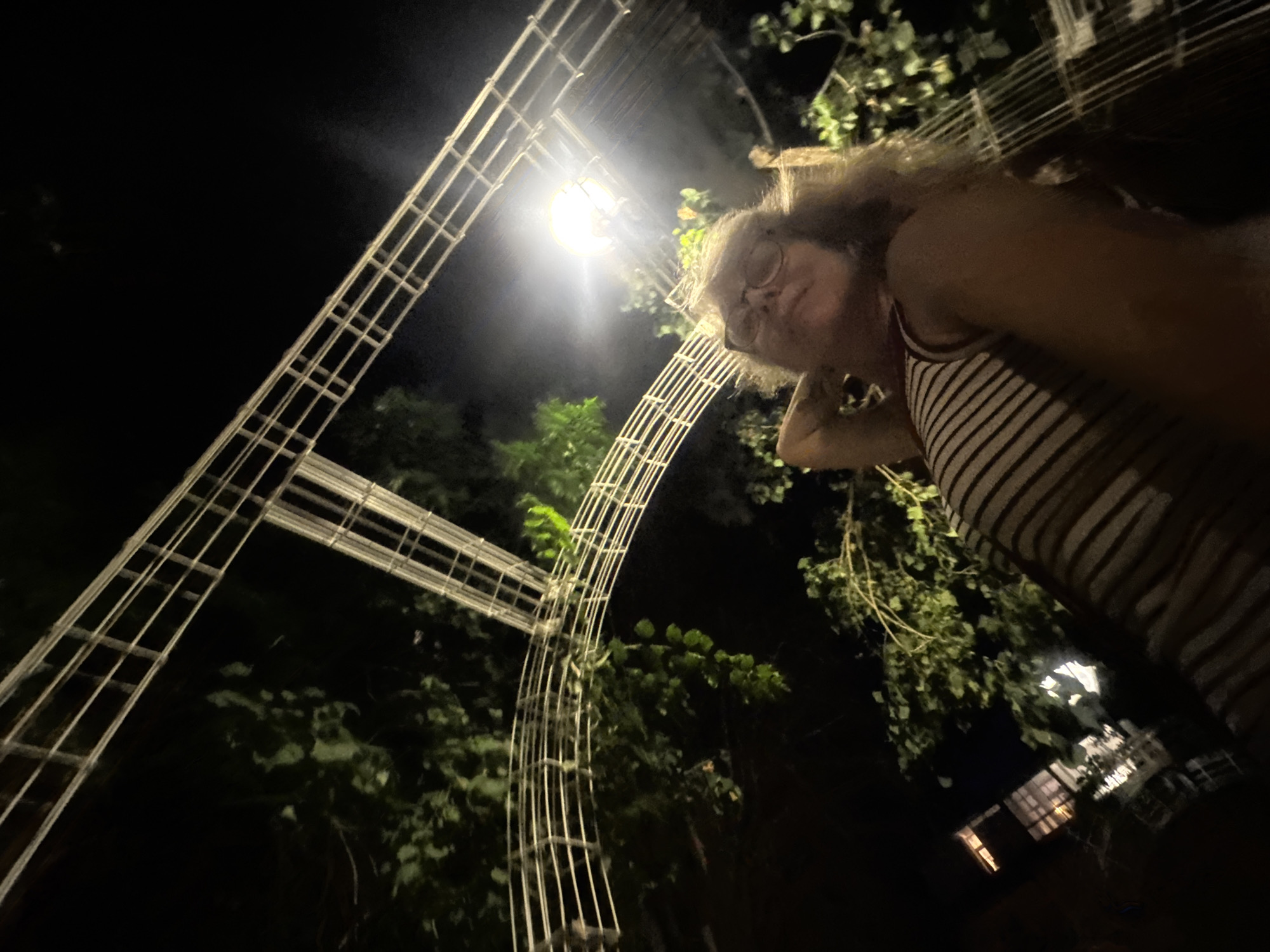 This is a low-angle, nighttime photograph taken outdoors in Ramat Gan, Israel. The image features a person with blond hair and glasses, wearing a striped tank top. They are positioned near the center right of the frame, leaning their head back and to the right. The person appears to be looking upwards towards a bright light source.
In the foreground and mid-ground, there is a white, lattice-like structure, possibly a garden trellis or archway, which is illuminated by a bright light. This structure curves and extends across the frame. Behind the structure and the person, there are dark green leaves and branches of trees. The background is predominantly black, indicating it is nighttime.
Further in the background, on the right side of the image, there are glimpses of illuminated windows within a building, suggesting a residential area or a structure with interior lighting. The overall scene is dimly lit, with the primary illumination coming from the overhead light source. The setting appears to be a garden or outdoor space attached to a building.