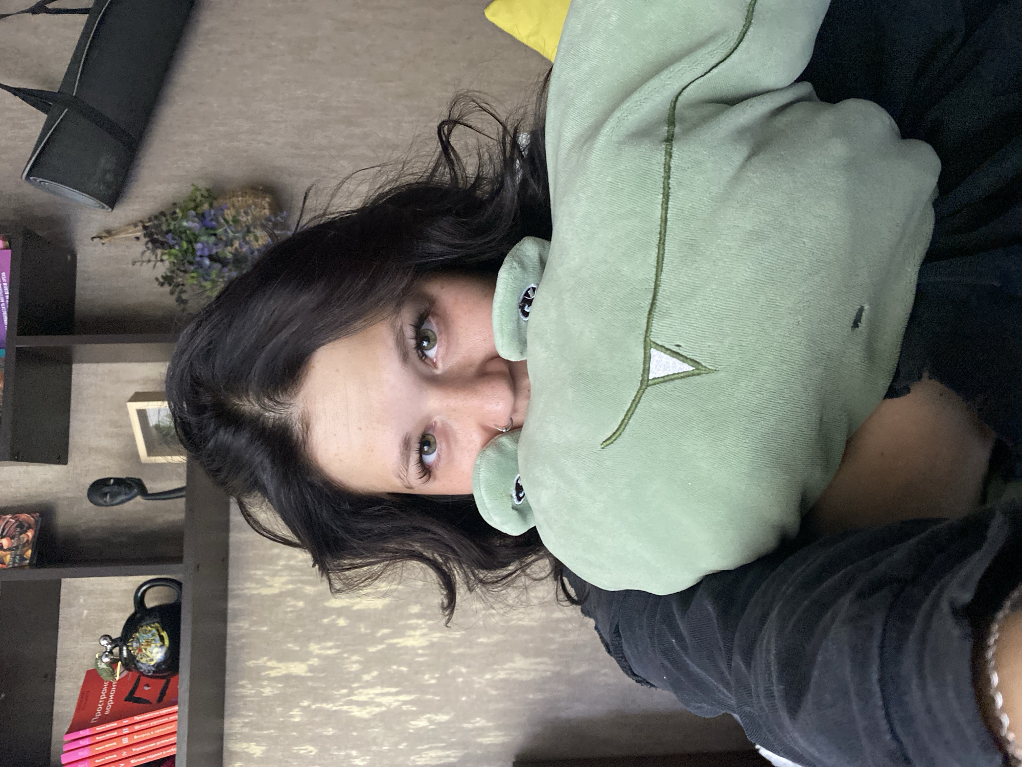In a domestic indoor setting, a young woman with dark, wavy hair is holding a large, light green stuffed alligator in front of her face. She is wearing a black top. Behind her, a shelf is visible containing books, a decorative mug, and a small black figurine. The wall behind the shelf has a textured, gold-toned wallpaper. The overall impression is one of a casual, personal space, likely a bedroom or living room. There is no visual information in the image that would indicate the specific location within the city of Chaikovsky, Russia.
