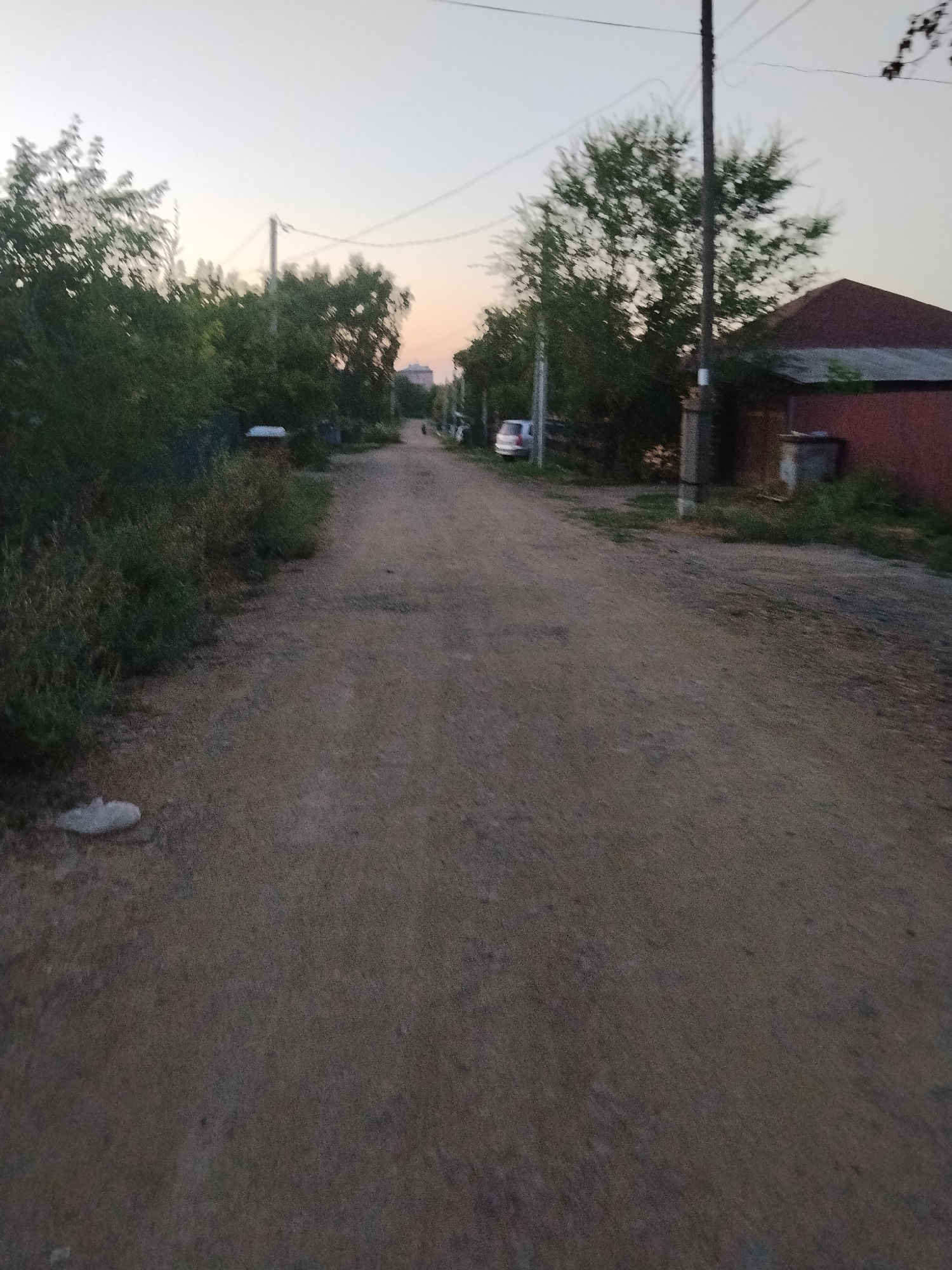The image depicts a dirt road in a rural or suburban area, possibly Kokshetau, Kazakhstan, based on the provided context. The road is unpaved and appears to be a common thoroughfare in a residential area. On the right side of the road, a red-tiled roof house is visible, with a concrete structure nearby. Vegetation, including trees and bushes, lines both sides of the road, with some of the foliage appearing overgrown. A utility pole with electrical wires is present in the frame. In the distance, a small white car is parked on the left side of the road. The sky is overcast with a soft, diffused light, suggesting either early morning or late evening. The overall scene conveys a sense of quietude and a typical day in a less urbanized setting.