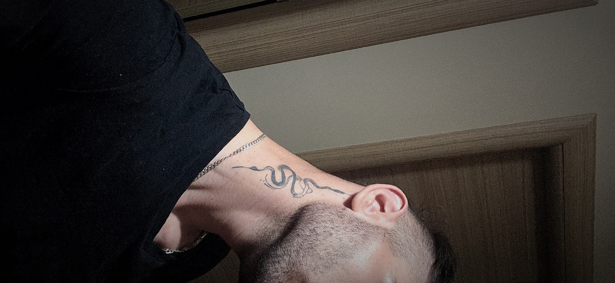 A man with a trimmed beard and a snake tattoo on his neck is depicted. He is wearing a black t-shirt and a silver chain. The background features a beige wall and a wooden door frame. The man is facing downwards, obscuring the majority of his face. There is no visual indication of the image being taken in Plovdiv, Bulgaria.