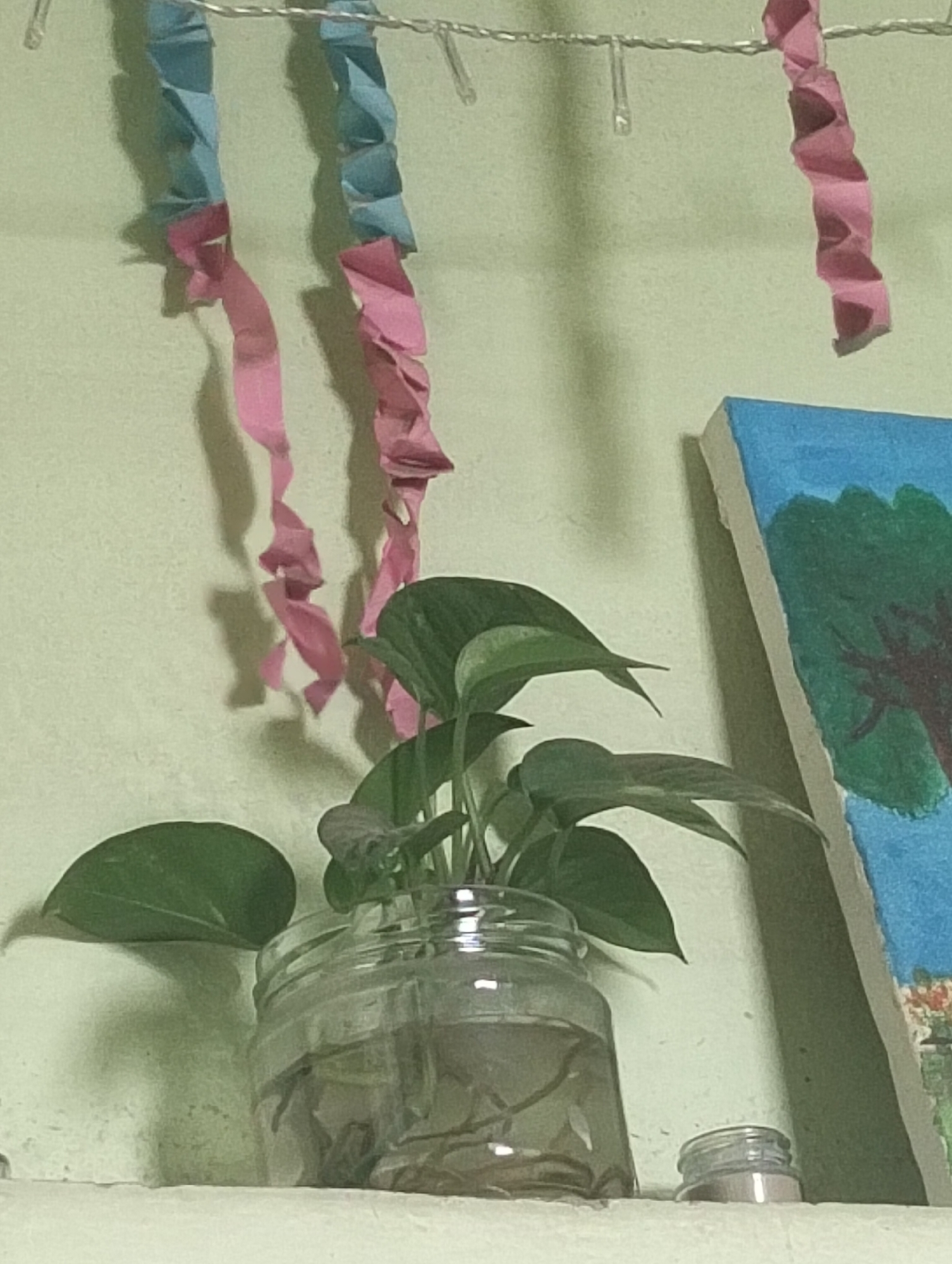 The image shows a plant with green leaves in a glass jar. The jar appears to contain water and plant roots. Behind the plant is a painting with a blue sky and green tree. Above the plant and painting are decorative paper streamers strung along a wire with small lights. The background is a light green wall. A small jar is beside the large jar. The location, Dhaka, Bangladesh, is not evident from the image.