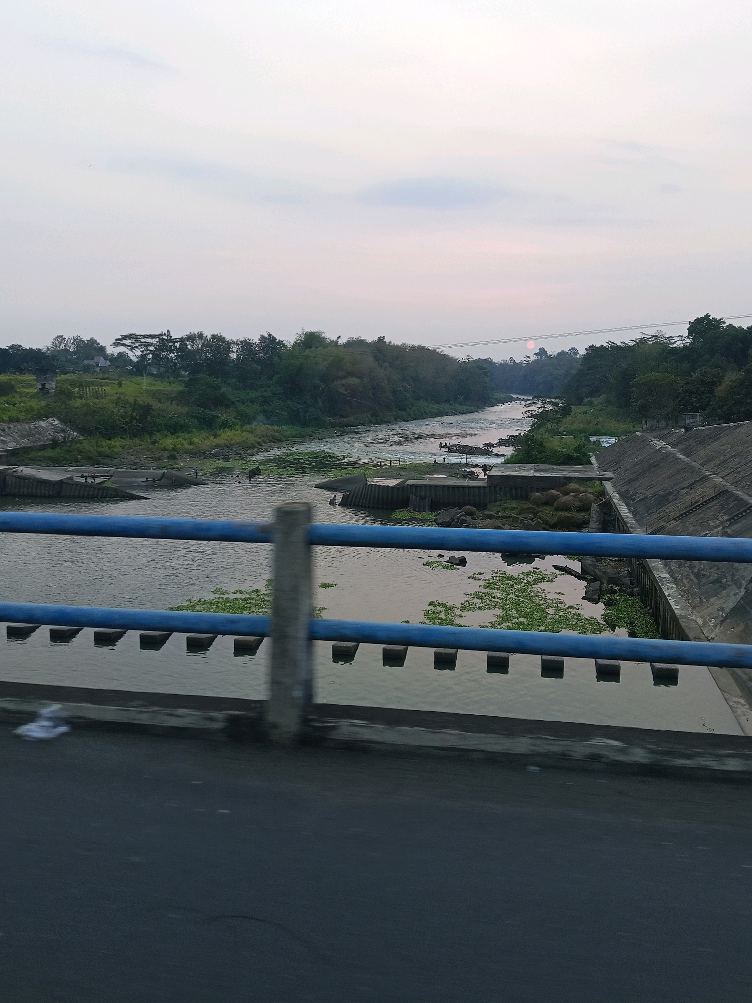 The image captures a serene river scene in Gogodeso, Indonesia, likely during dusk or dawn, as indicated by the soft, diffused light and the presence of a faint pinkish hue in the sky, possibly from a setting or rising sun. In the foreground, a blue railing of a bridge stretches across the bottom half of the frame, with a concrete walkway beneath it. The river flows gently, its surface dotted with patches of green aquatic plants. On the riverbanks, a mix of lush green trees and vegetation thrives, creating a natural backdrop.
Several man-made structures are visible within the river and along its banks. Concrete formations, possibly remnants of a dam or a water control system, are partially submerged in the water. Some of these structures appear to be dilapidated, with broken edges and exposed rebar, hinting at age or damage. Small groups of people can be seen on the rocky areas near the river's edge, some of whom appear to be fishing or engaged in other river-related activities.
Further upstream, the river narrows and winds its way through a landscape dominated by dense greenery. Electrical wires are strung across the scene in the middle ground, suggesting the presence of infrastructure near the natural environment. The overall impression is one of a tranquil, rural setting where human activity coexists with nature.