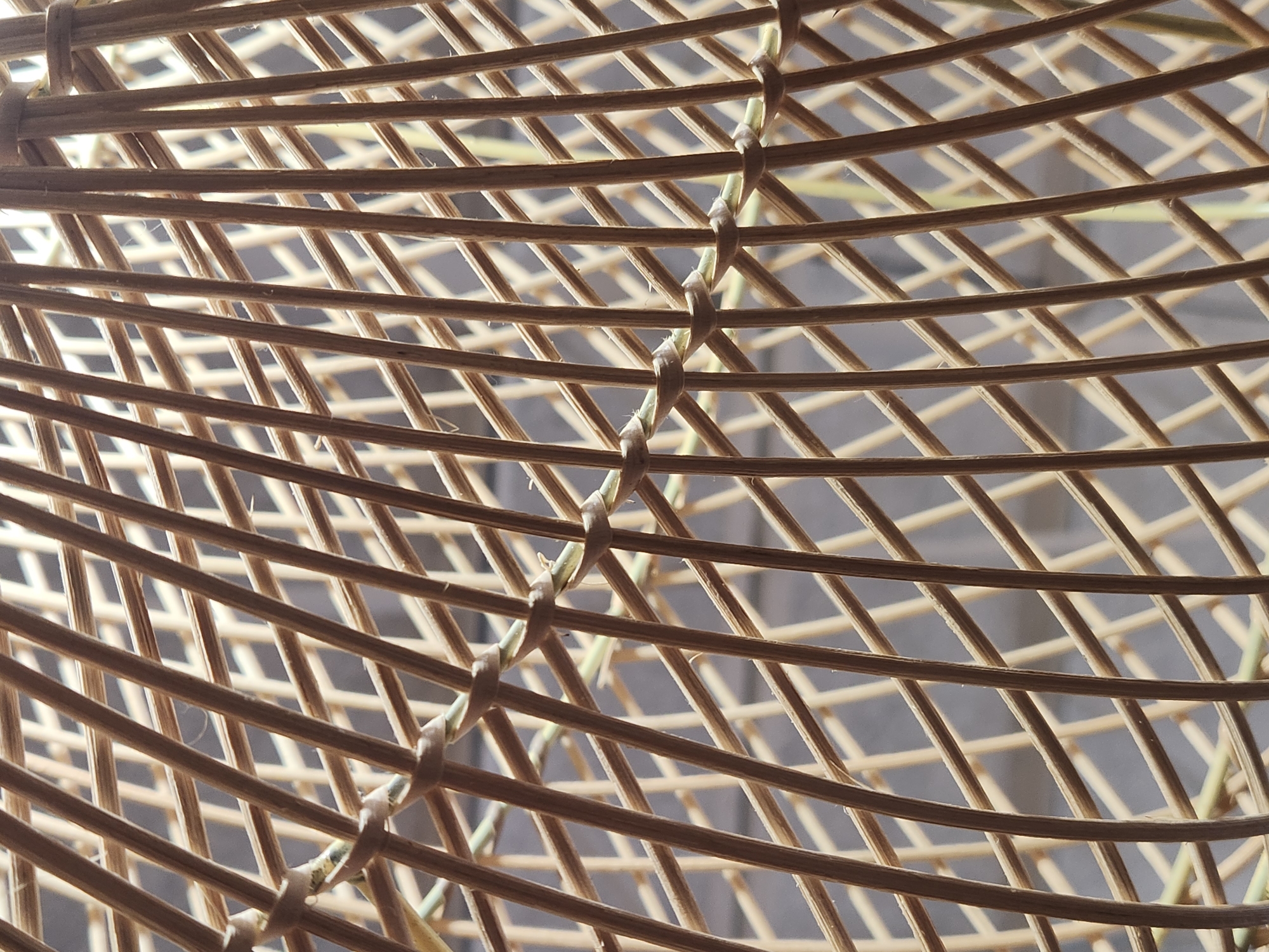 The image is a close-up, abstract shot of woven rattan. The rattan sticks are thin and light brown, forming a diagonal criss-cross pattern. They are secured together at intervals with lighter, more pliable strands, creating a textured, net-like structure. The background, visible through the gaps in the weaving, is a blurred, indeterminate grey. There are no people, animals, or recognizable landmarks in the image, and no specific location can be identified.