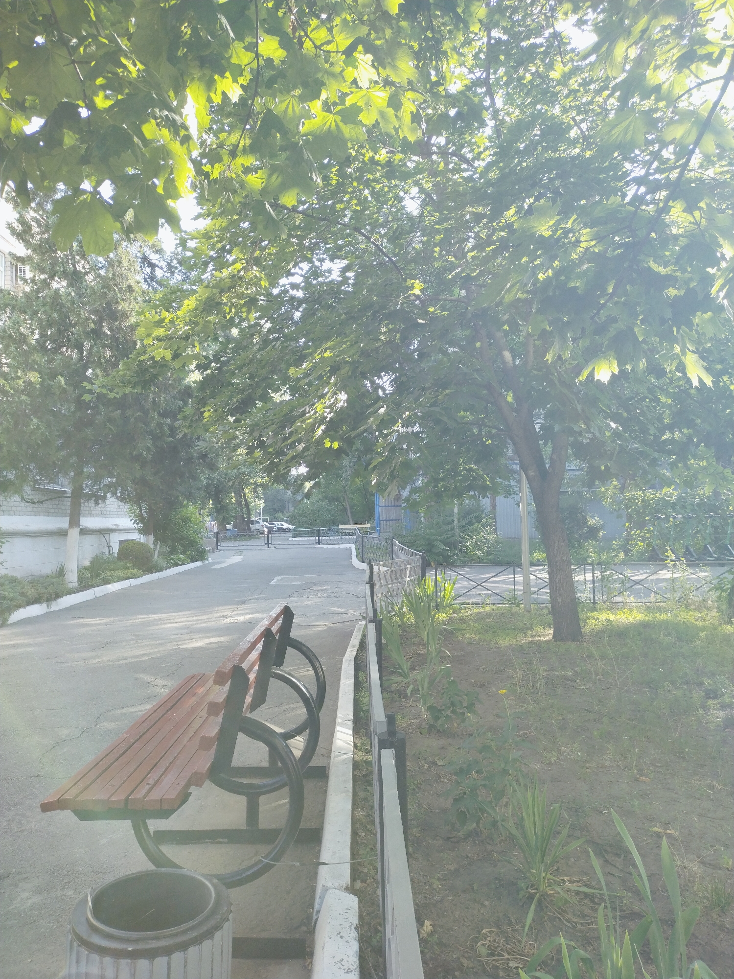 This is a medium-angle, full-shot photograph taken outdoors in Horishni Plavni, Ukraine. The scene depicts a paved walkway bordered by a metal fence on the right and a building and trees on the left. A wooden park bench with metal legs is prominently featured in the foreground, positioned next to a cylindrical trash bin. Sunlight filters through the lush green leaves of trees that arch over the walkway, creating a dappled light effect. The trees suggest it is daytime, likely late morning or early afternoon, and the weather appears pleasant.
The walkway leads into the distance, where more trees and a gated entrance are visible. Cars are parked beyond the gate, indicating this is likely a residential or public area. The overall mood is serene and tranquil, evoking a sense of calm. There are no people visible in the frame. The greenery and the presence of the bench suggest a place for relaxation or waiting. The building on the left appears to be an apartment complex or administrative building with a white-painted lower section and brick upper section. The vegetation along the fence is somewhat overgrown, adding to the natural feel of the setting. The lighting suggests a sunny day, with some lens flare present.