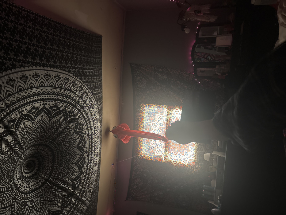 The image depicts an interior room in the City of Binghamton, United States of America, captured from a low, reclining perspective. A human left foot and lower leg, partially covered in dark fabric, occupy the lower-center foreground. The upper portion of the ceiling is draped with a black and white mandala-patterned tapestry. Directly below, a brightly illuminated window, covered by a colorful tapestry featuring red, blue, orange, and white mandala-like patterns, serves as the primary light source, creating significant lens flare. A bundle of reddish-orange fabric hangs from the ceiling in front of the window. The room's walls are adorned with dark, patterned tapestries. To the left of the window, a dark surface, possibly a dresser, holds various indistinct objects, including a small lamp. To the right, a dark dressing table with a three-panel mirror is visible, draped with pink string lights. Additional small string lights are present along the upper left wall. The overall lighting is dim, contrasting with the intense light emanating from the window. No other individuals are present.