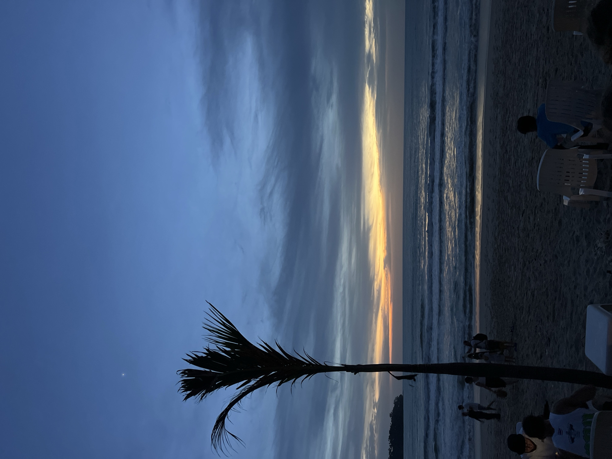 The image depicts a beach scene at dusk in Choeng Thale, Thailand. A silhouetted palm tree stands prominently in the foreground, its fronds stark against the darkening sky. The sky is a gradient of deep blue, with streaks of gray clouds. A sliver of the moon is visible in the upper left quadrant.
The ocean stretches to the horizon, with gentle waves rolling onto the sandy shore. A strip of warm, orange and yellow light marks the sunset just above the water line, illuminating the undersides of some of the clouds.
On the beach, several people are visible, though their features are indistinct due to the low light. Some are walking along the shoreline, while others appear to be seated. In the foreground, two individuals are seated on chairs facing away from the camera, observing the sea. A white plastic chair is also visible in the lower right corner. The sand is dark and damp, suggesting the tide has receded. The overall atmosphere is serene and peaceful, indicative of the end of a day.