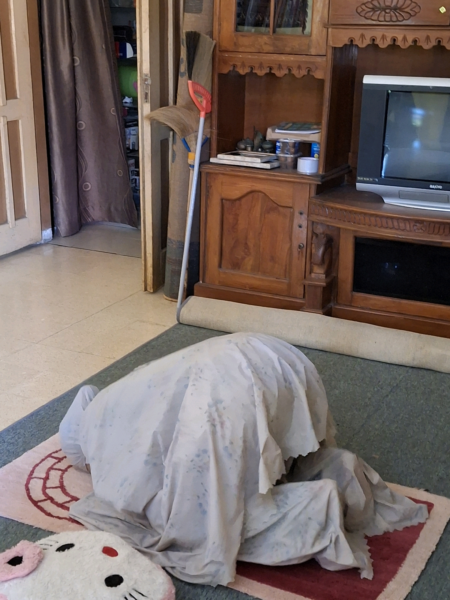 A person, entirely covered by a light-colored cloth with blue speckles, is kneeling on a pink prayer mat in what appears to be a domestic indoor setting. The person's head is bowed. Next to the prayer mat, a white rug with black and pink cat-like features is visible. The background includes a wooden cabinet containing a television, a broom with an orange handle, and a closed brown curtain. The floor is tiled. The scene is likely from Lumajang, Indonesia, given the context of the request.