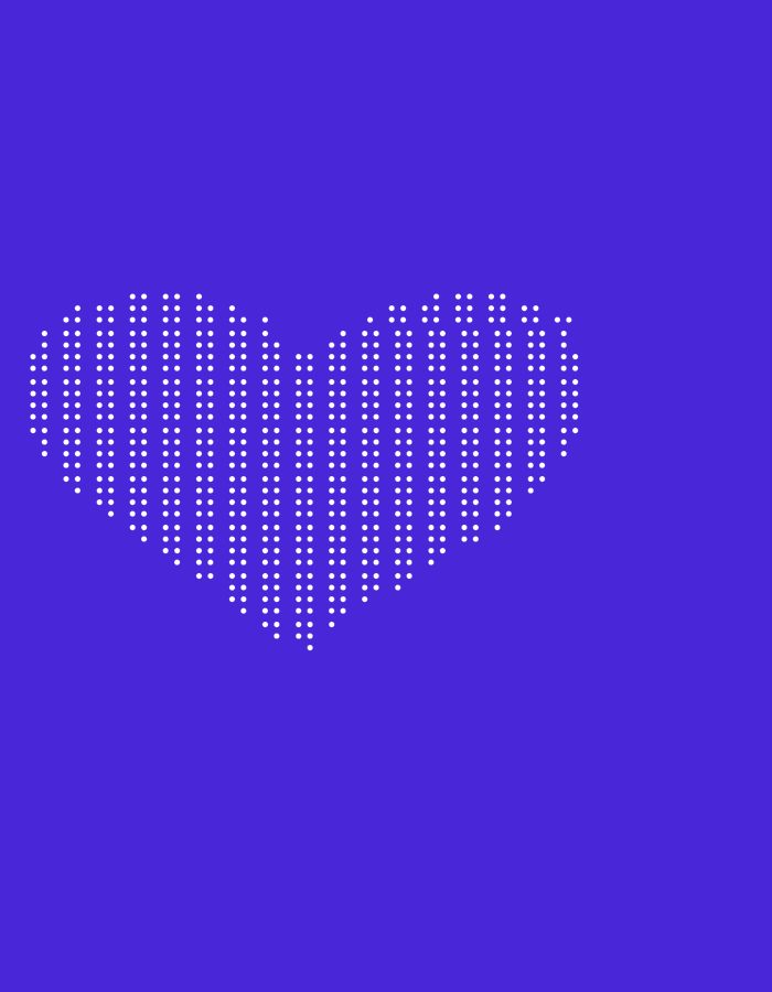 The image displays an abstract graphic featuring a heart shape composed of numerous small white dots against a solid, vibrant purple background. The dots are arranged in vertical columns of varying heights and positions, forming the distinct contour of a heart and creating a pixelated or digital aesthetic. No specific activity or event is taking place, as it is a static design. There are no people or real-world objects depicted beyond the abstract heart and background. The image lacks any visible text, time of day, weather conditions, or specific location cues that would tie it to Blagoevgrad, Bulgaria, as provided in the context. The heart symbol typically evokes feelings of love or affection.