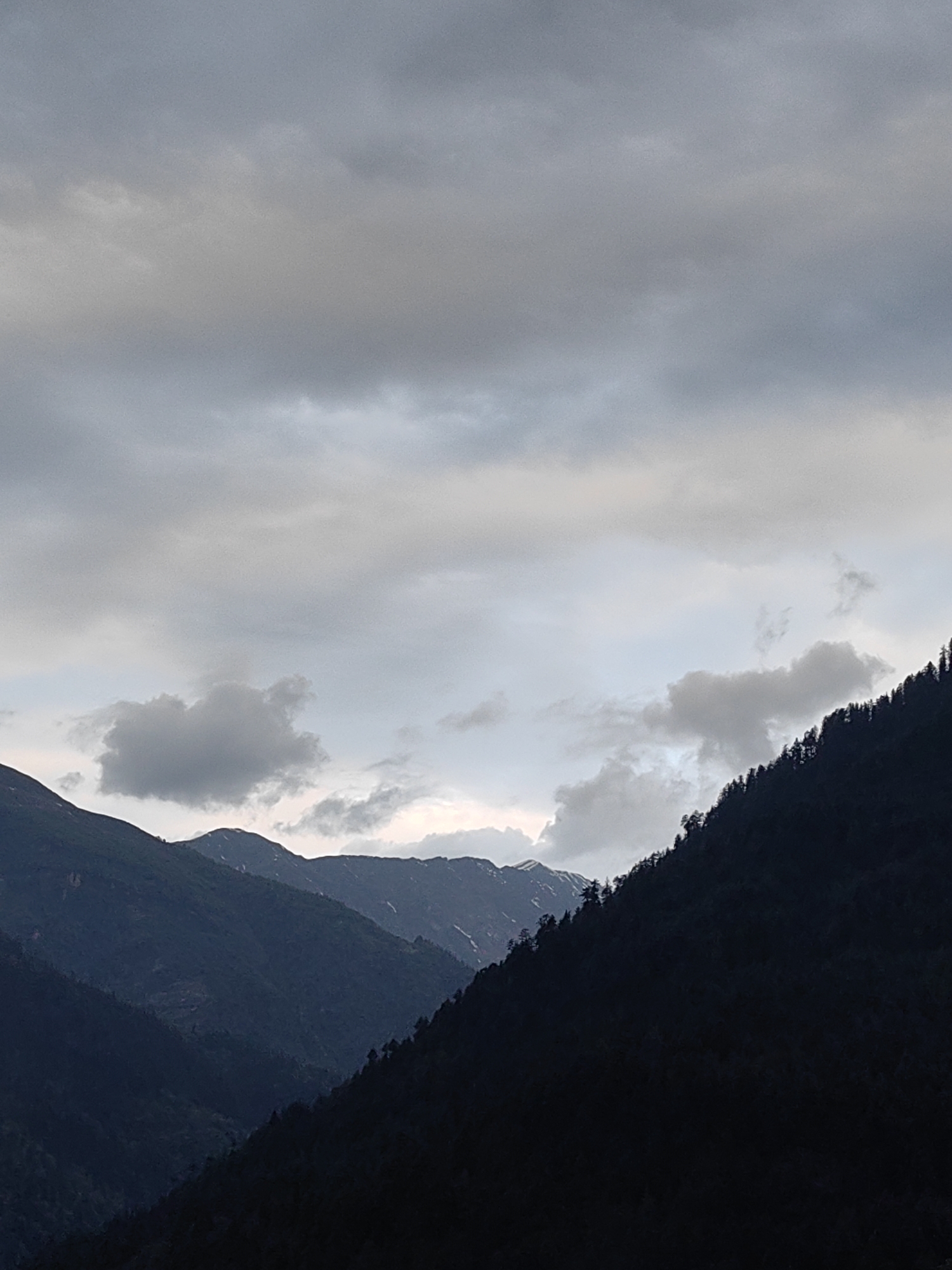 The image depicts a dramatic mountainous landscape under a cloudy sky, likely captured in the vicinity of Vashisht, India. The foreground is dominated by the dark, silhouetted slopes of mountains covered in dense conifer trees, creating a stark contrast against the lighter sky. In the mid-ground, more mountains are visible, with some showing patches of snow on their upper reaches. The sky is filled with a layer of heavy, grey clouds, with breaks of lighter sky showing through, suggesting overcast or approaching stormy weather. The overall impression is one of rugged natural beauty and a somewhat somber atmosphere due to the dark tones and cloudy conditions. No people or specific man-made structures are discernible in this particular frame, focusing solely on the natural environment.