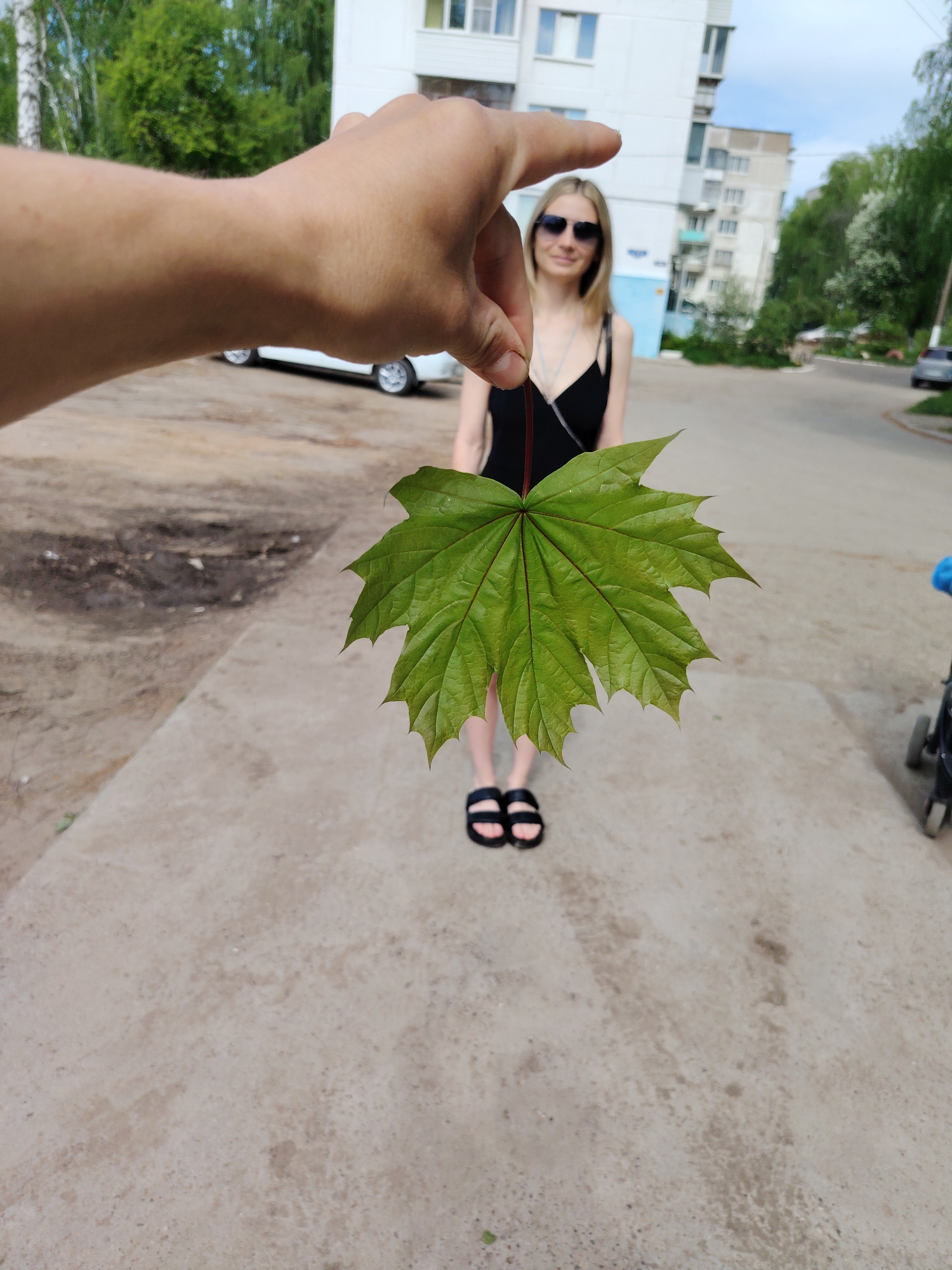 A person's hand is holding a vibrant green maple leaf in the foreground, partially obscuring a woman standing behind it. The woman has blonde hair, sunglasses, and is wearing a black dress and black sandals. The scene takes place outdoors on a concrete surface, with buildings and greenery visible in the background. A stroller and parked cars are also visible. The location appears to be in Chaikovsky, Russia, based on the urban architecture typical of the region.