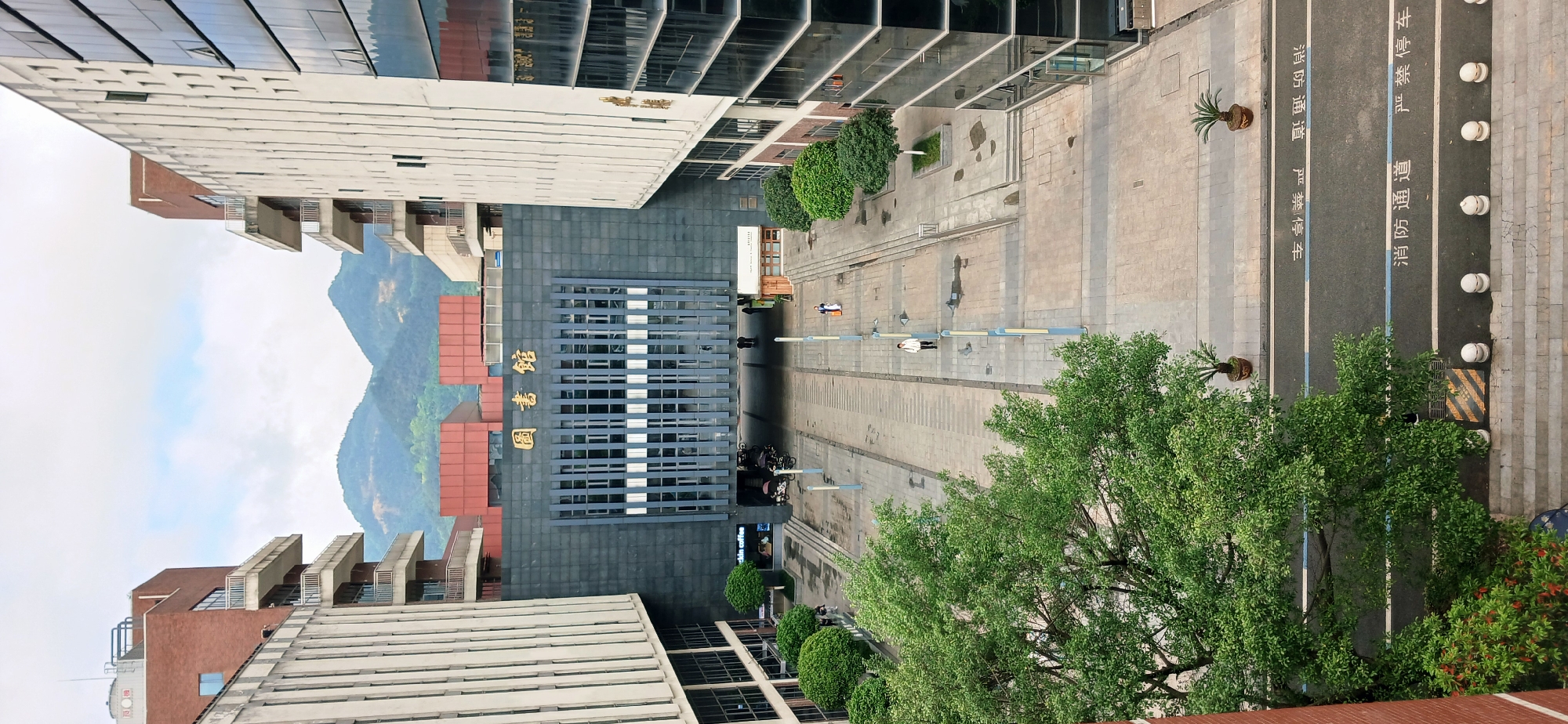 The image is an aerial view of a street in Chongqing High-tech Zone, China. The street is lined with buildings, trees, and potted plants. People are walking on the sidewalk. The buildings are a mix of modern and traditional styles. Mountains are visible in the background. Text written on the road indicates "fire protection passage, no parking".