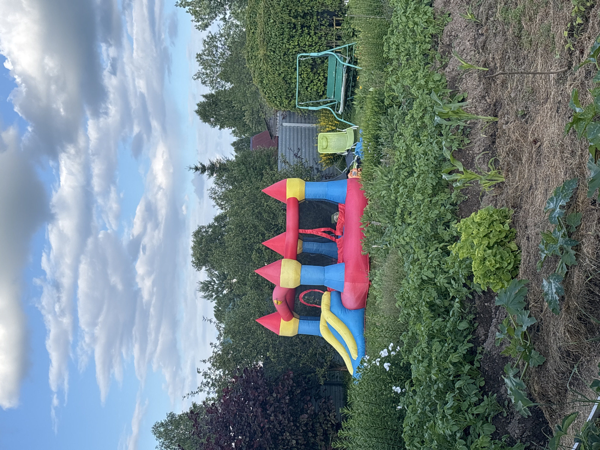 An outdoor, eye-level, medium shot captures a vibrant inflatable castle bounce house situated in a lush, green garden. The bounce house, a colorful structure of red, yellow, and blue, features turrets, a slide, and a net enclosure. It is positioned on a grassy area amidst dense foliage, with trees forming a backdrop. To the right of the bounce house, a green metal swing set with a wooden seat is visible, along with a lime green plastic chair. The foreground is dominated by a vegetable garden, showing rows of leafy plants, including what appear to be potato plants, lettuce, and zucchini or squash. Mulch covers some of the soil. In the distance, a corrugated metal fence and a red-roofed structure can be seen, suggesting a residential or rural setting in the village of Dunilovo, Russia. The sky above is partly cloudy, with large, fluffy white clouds interspersed with patches of blue. The overall scene conveys a sense of outdoor leisure and domesticity.